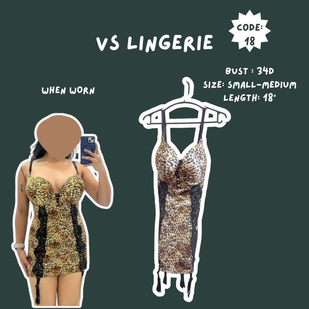 VS Lingerie Leopard Print Dress (Category: Undergarments & Loungewear) located in Lingayen. Submitted by missbee_ (Listing ID 1419627313, Image 2). Description: - VS leopard print lingerie dress - Bust size: 34D - Fits sizes: Small to Medium - Length: 18 inches - Features: Black lace detailing, garter straps - Ideal for special occasions and nights out - sexy back - once used for photoshoot - negotiable .