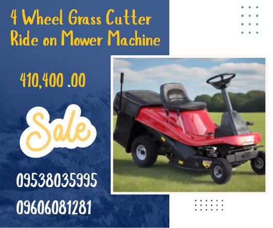 4 Wheel Grass Cutter Ride on Mower Machine (Category: Home Improvement Tools & Accessories) located in Caloocan City. Submitted by gollemchec81092 (Listing ID 1419791663, Image 1). Description: Engine horsepower: 12.5hp The number of cylinders: 1 Capacity: 250 cc Oil capacity: 1.7L Ignition method: electronic ignition Gasoline capacity: 4.2L Drive mode: hydraulic drive Forward speed: 0-10kph Receding speed: 0-5kph Cutting length: 102 cm Number of