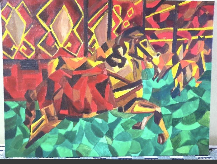 Abstract Carousel Painting (Category: Art & Prints) located in Las Pinas. Submitted by andsxart (Listing ID 1419929796, Image 1). Description: “carousel” 12x16 inches Acrylic on Canvas 2022 Original abstract painting - Depicts a carousel scene - Features a horse with red and yellow saddle - Set against geometric shapes and patterns - Color palette: reds, browns, yellows, and greens - Perfect for adding a unique touch.