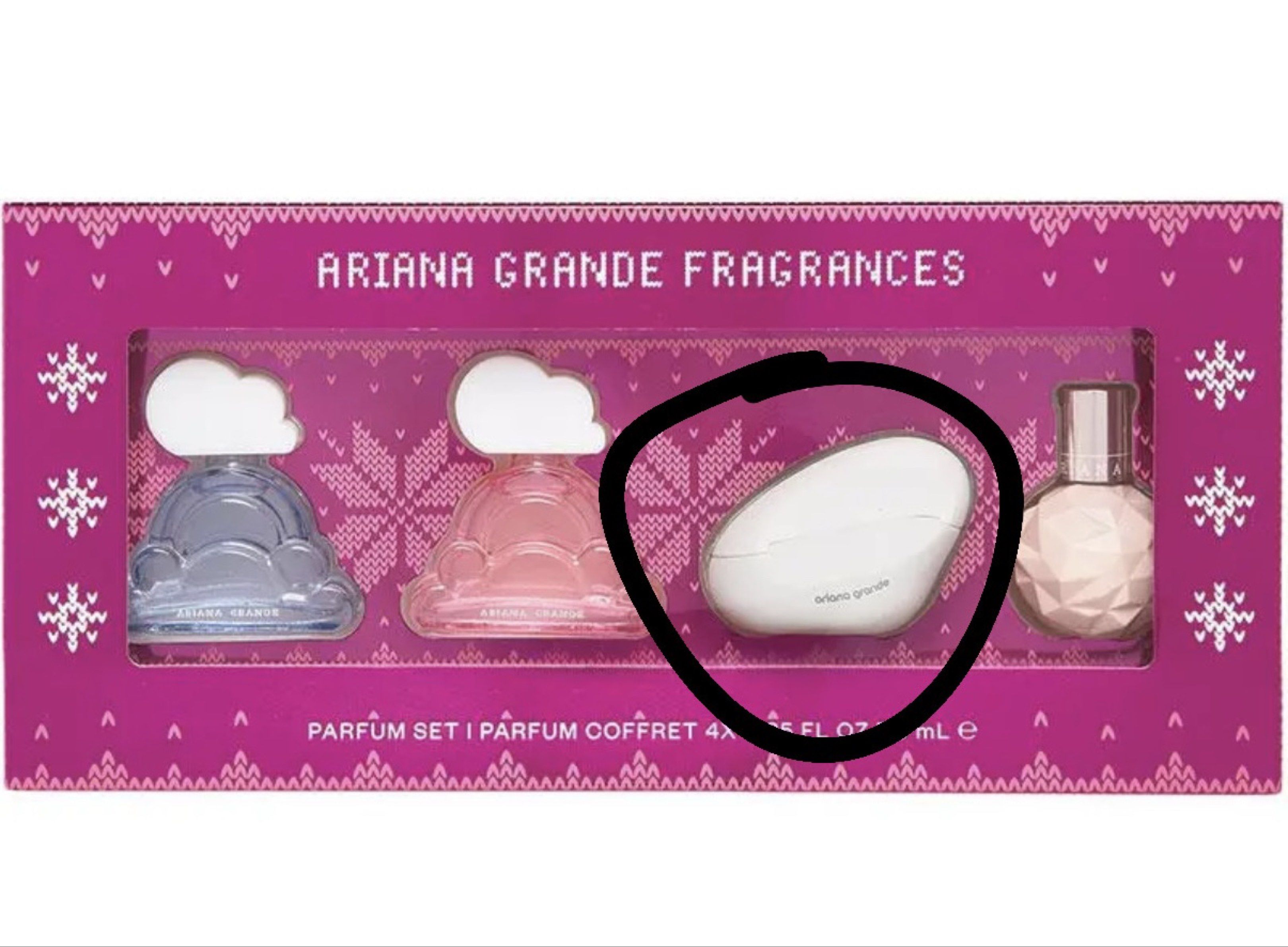 Ariana Grande Perfume Mod 7.5ml (Category: Fragrance & Deodorants) located in Manila. Submitted by cococlutters (Listing ID 1419813366, Image 1). Description: - Ariana Grande perfume - White, pebble-shaped bottle - Brand name visible on bottle - Part of a set.