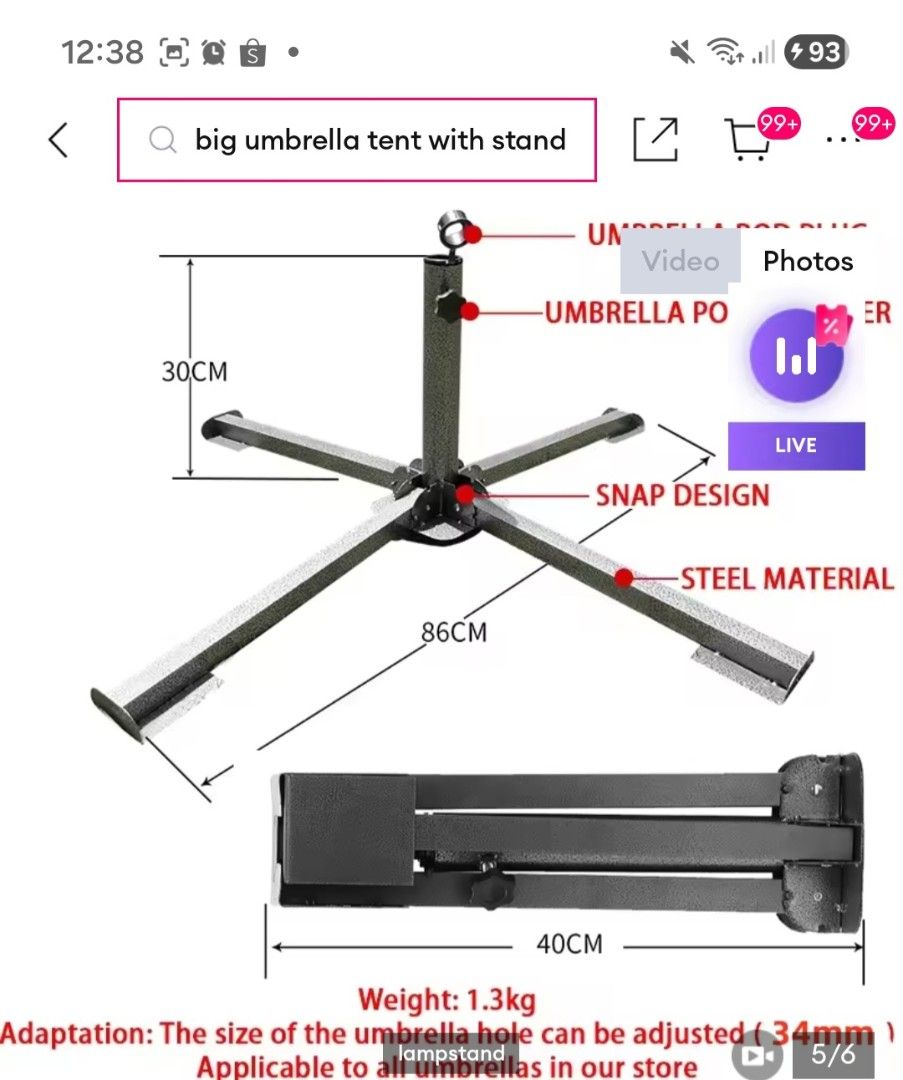 BIG UMBRELLA WITH STAND (HEAVY DUTY) (Category: Umbrellas) located in San Pedro. Submitted by youngtiger-0d9414 (Listing ID 1419821590, Image 2). Description: BIG UMBRELLA WITH STAND (only used twice for Bazaar) RFS: Di na nagagamit (heavy duty po to) Original price: 739.72 Selling for only: 500 pesos.