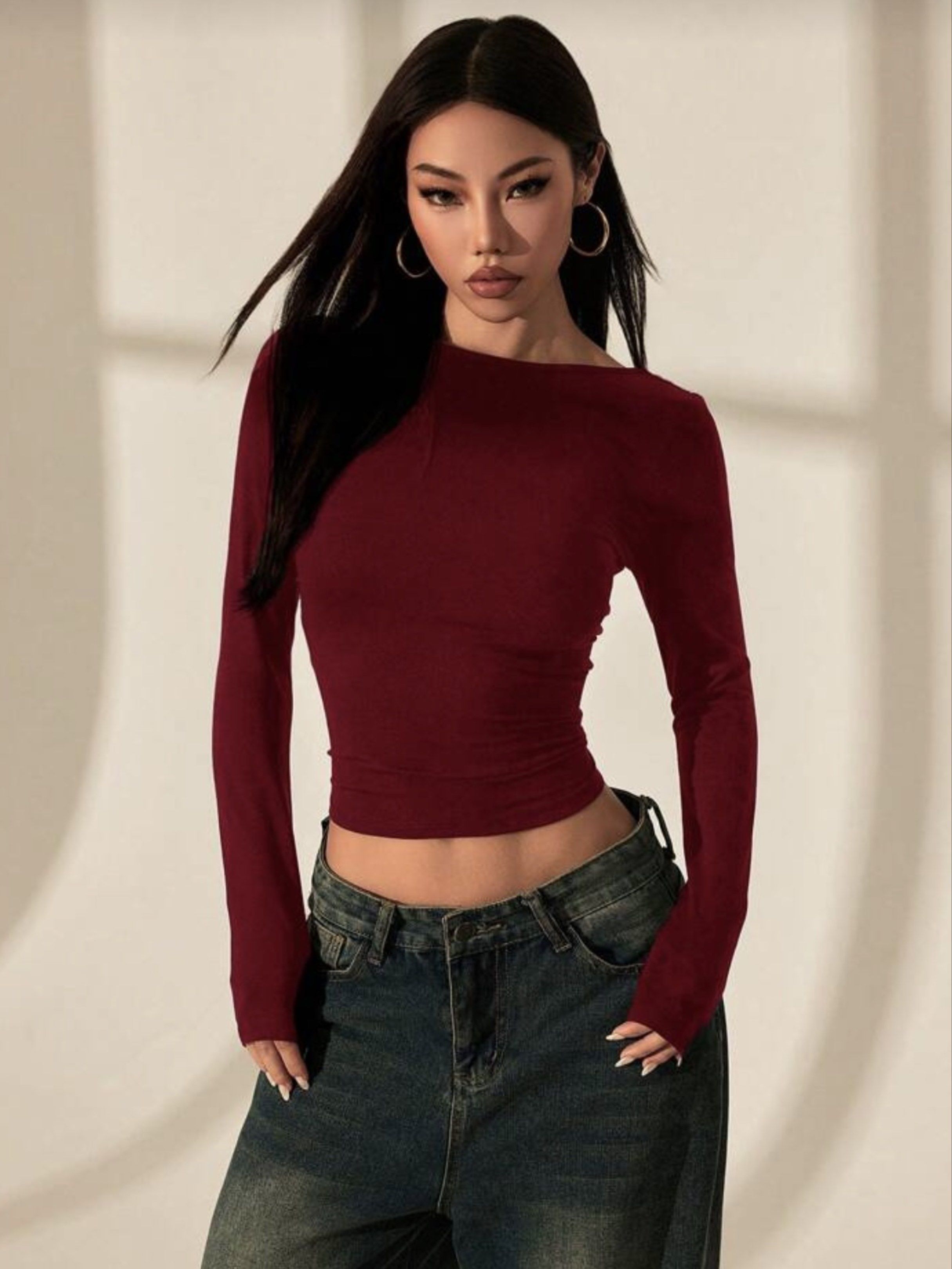 Burgundy Long Sleeve Crop Top (Category: Longsleeves) located in Quezon City. Submitted by vinniess (Listing ID 1419964074, Image 1). Description: - Burgundy long sleeve crop top - Scoop neckline - Low back with lace detailing - Form-fitting - Stretchy material - Perfect for a night out or casual look SHEIN PRICE: 255.
