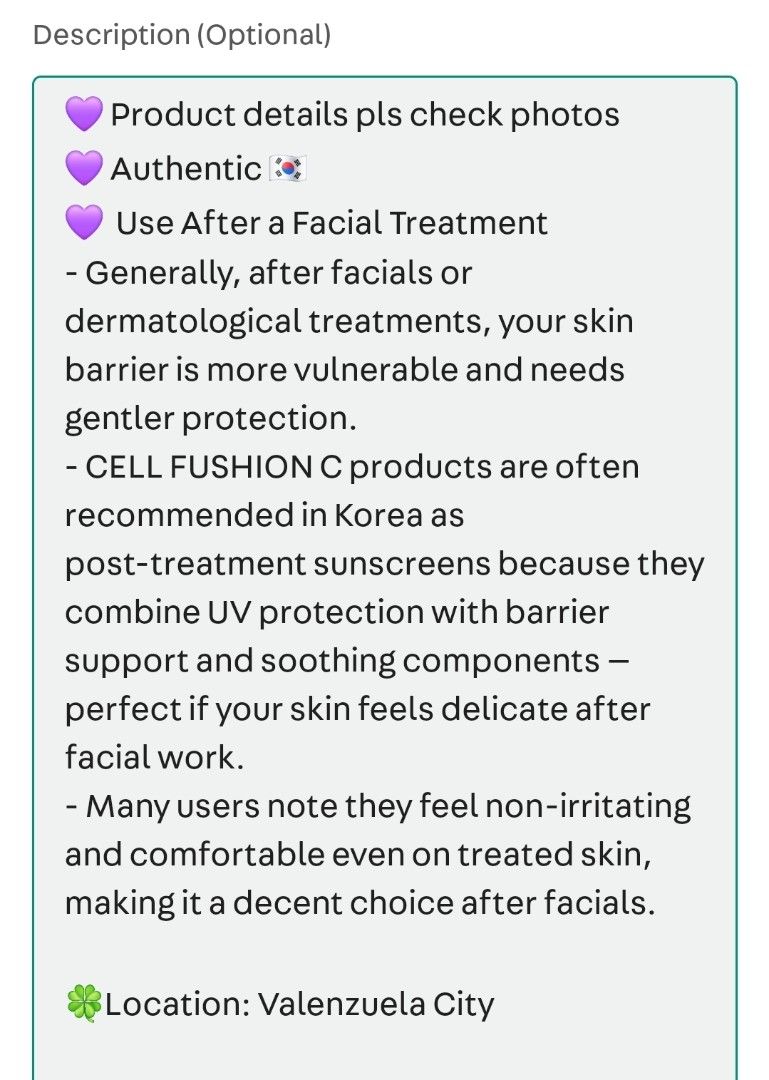 Cell Fusion C - Laser Sunscreen 50ml (Category: Face Care) located in Valenzuela. Submitted by fayespicks (Listing ID 1369244437, Image 3). Description: 💜 Product details pls check photos 💜 Authentic 🇰🇷 💜 Use After a Facial Treatment - Generally, after facials or dermatological treatments, your skin barrier is more vulnerable and needs gentler protection. - CELL FUSHION C products are often recommended in Korea as post-treatment sunscreens b