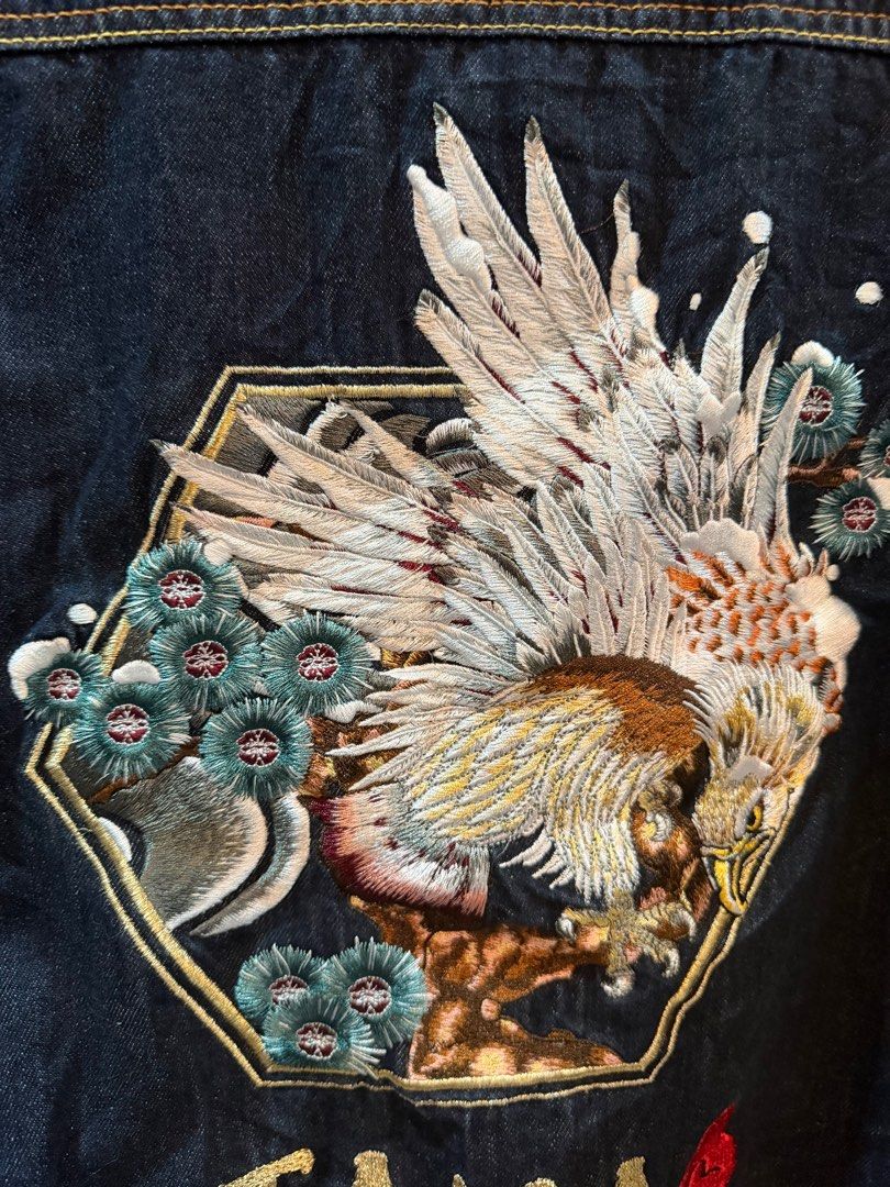 EVISU Heritage Embroidered Denim Jacket (Authentic) (Category: Coats, Jackets and Outerwear) located in Manila. Submitted by weart (Listing ID 1419957899, Image 3). Description: Size on Tag: Large Width - 22 Length - 27 📩Dm me if you got questions📩 What u see is what u get Samplaoc, Manila Pick up Orange house.
