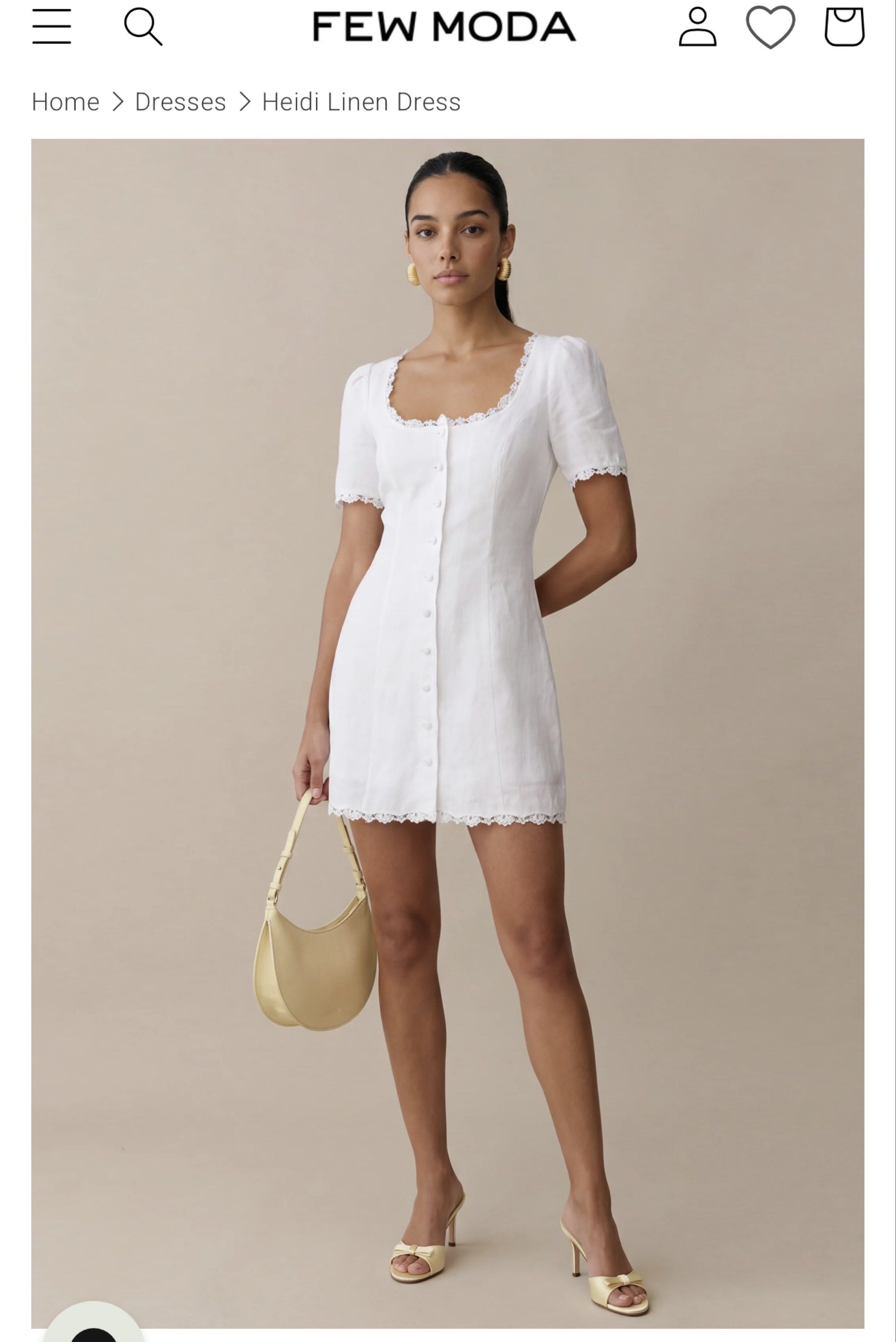 Few Moda Heidi Linen Dress (Category: Dresses) located in Davao. Submitted by quickootd (Listing ID 1419874301, Image 2). Description: - Few Moda white linen mini dress can fit xs-s - Square neckline with lace trim - Button-down front - Short sleeves - Fitted silhouette - Back tie detail - Mini length with lace trim at hem - Similar manufacturer as Jenni Kayne bought from us.