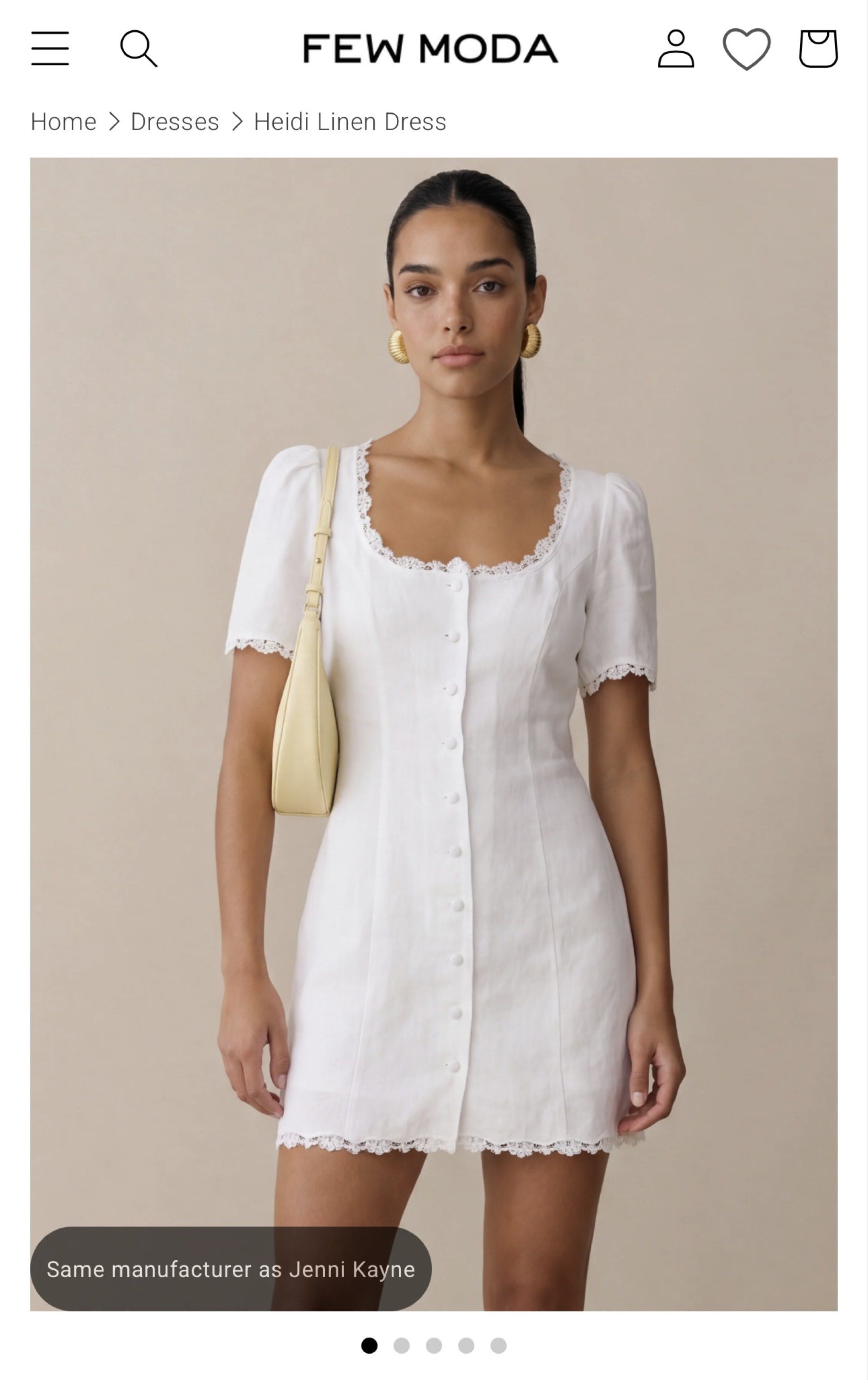 Few Moda Heidi Linen Dress (Category: Dresses) located in Davao. Submitted by quickootd (Listing ID 1419874301, Image 1). Description: - Few Moda white linen mini dress can fit xs-s - Square neckline with lace trim - Button-down front - Short sleeves - Fitted silhouette - Back tie detail - Mini length with lace trim at hem - Similar manufacturer as Jenni Kayne bought from us.