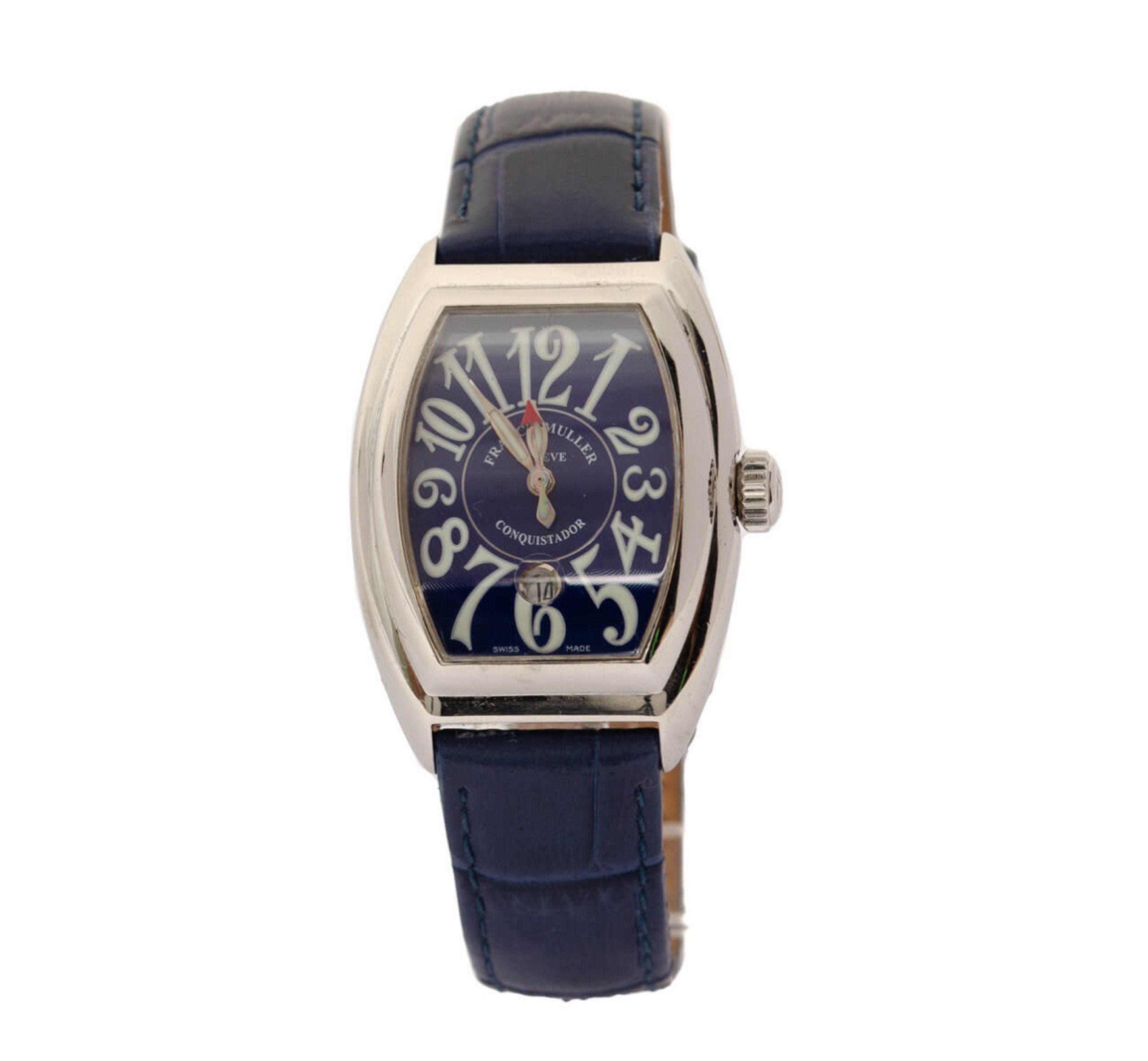 Franck Muller Conquistador Watch (Category: Luxury Watches) located in Taguig. Submitted by luxeinofficial (Listing ID 1419858832, Image 1). Description: FRANCK MULLER Conquistador Automatic Blue Dial 8005 L Ladies’ Watch SKU: 38Q999 Gender: Ladies Reference #: 8005 L Movement: Automatic Case Size: 24mm Case Material: Stainless steel Crystal: Scratch resistant sapphire Dial Type/Color: Analog/Blue Water Resistance: 50m Calendar: Date display Band