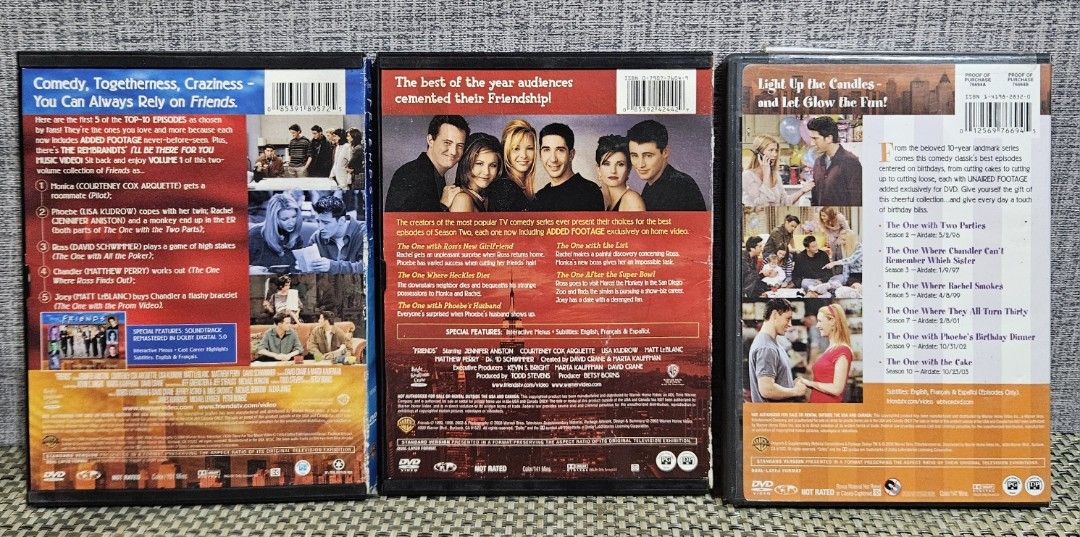 Friends DVD Collection Bundle of 3 (Category: CDs & DVDs) located in Rizal. Submitted by cherry_garcia (Listing ID 1419901400, Image 2). Description: Listing includes three Friends DVDs: "The Best of Friends" Volume 1, "The Best of Friends" Season 2, and "The One With All The Birthdays". Each DVD case contains the disc and episode information. The DVDs are in their original cases..