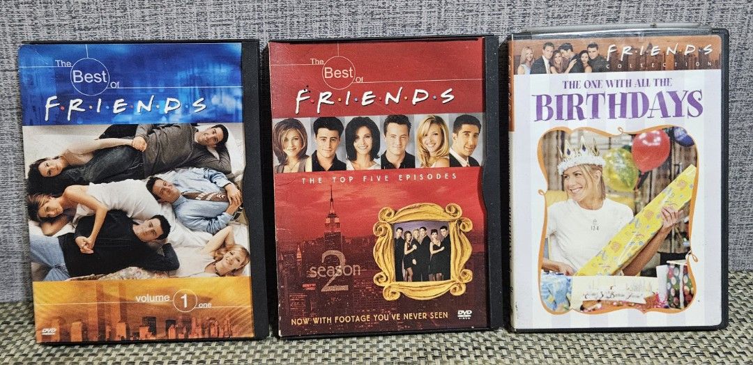 Friends DVD Collection Bundle of 3 (Category: CDs & DVDs) located in Rizal. Submitted by cherry_garcia (Listing ID 1419901400, Image 1). Description: Listing includes three Friends DVDs: "The Best of Friends" Volume 1, "The Best of Friends" Season 2, and "The One With All The Birthdays". Each DVD case contains the disc and episode information. The DVDs are in their original cases..