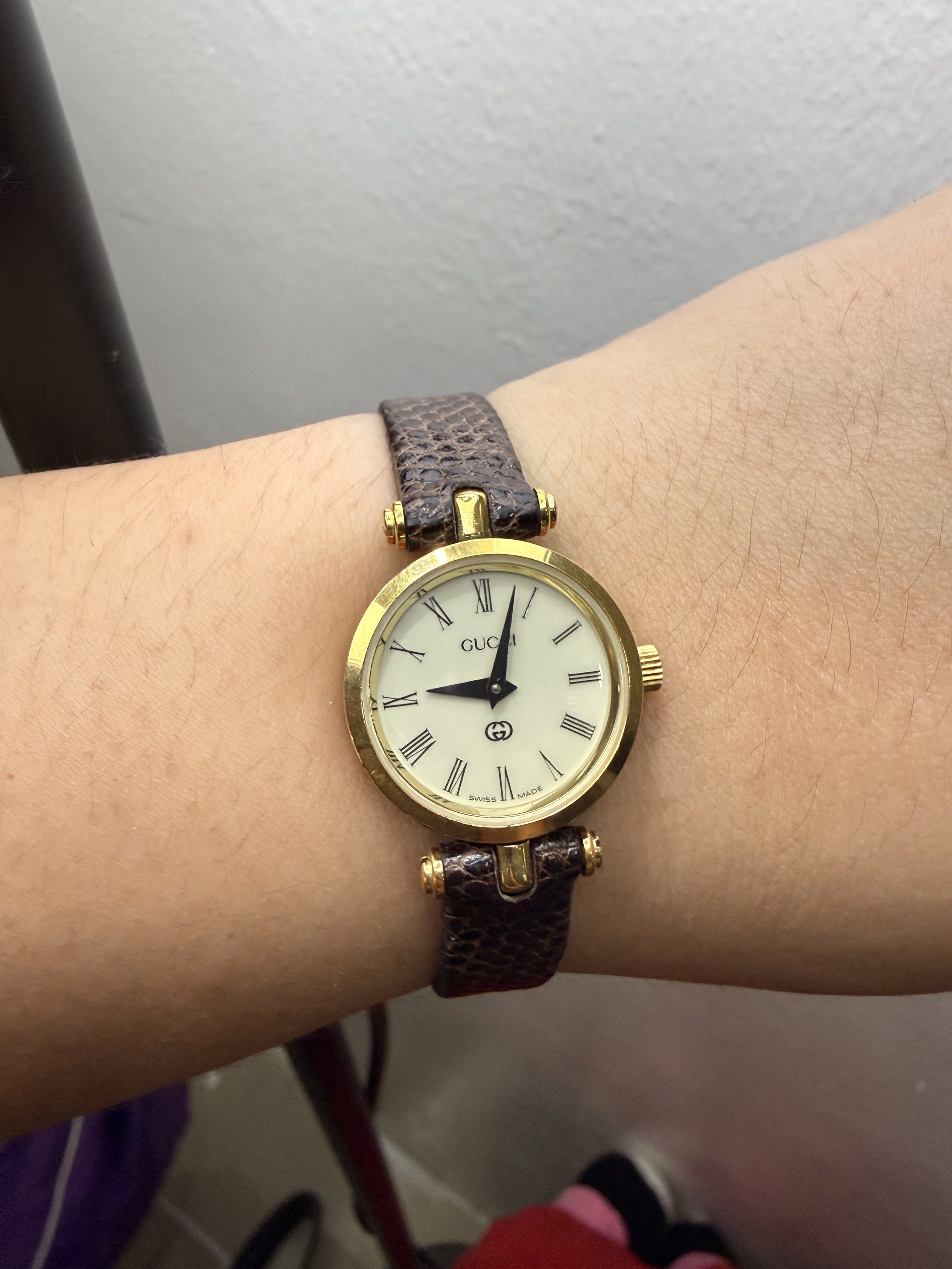 Gucci Sherry line Ladies Watch (Category: Luxury Watches) located in Quezon City. Submitted by maefurio (Listing ID 1419917598, Image 1). Description: - Gucci ladies watch - Brown leather strap - Gold-tone case - White dial - Black hands and hour markers - Gucci logo on dial and buckle - Red and green stripe design - Swiss made ✨100% authentic money back if proven fake✨ .