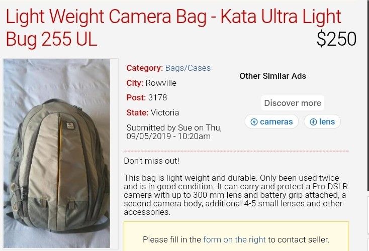 Kata Ultra Light Bug 255 UL Camera Backpack (Category: Camera Bags & Carriers) located in Baguio. Submitted by ozara.06 (Listing ID 1419782394, Image 2). Description: Light Weight Camera Bag - Kata Ultra Light Bug 255 UL Large size Wala lang hawakan mga zippers nya In very good condition pa 1500.