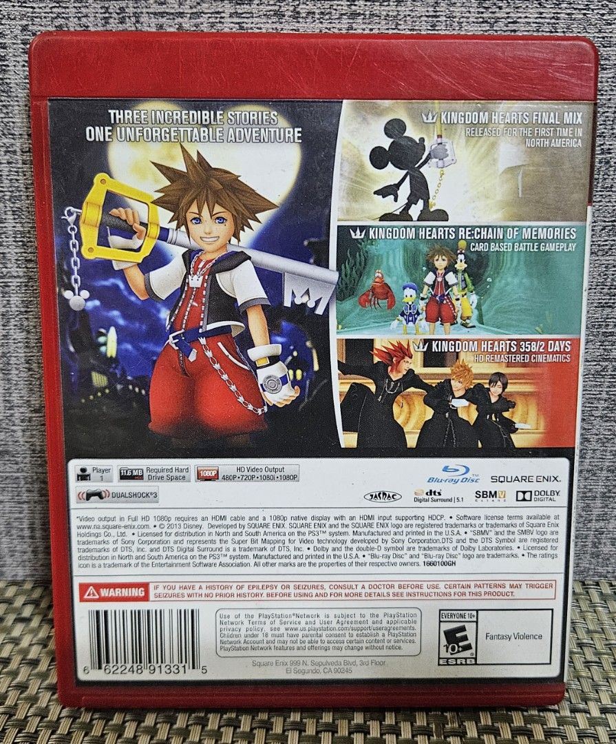 Kingdom Hearts 1.5 Remix PS3 (Category: PlayStation) located in Rizal. Submitted by cherry_garcia (Listing ID 1419889379, Image 2). Description: - Kingdom Hearts 1.5 Remix for PlayStation 3 - Includes game disc and original case - Features: - Kingdom Hearts Final Mix - Kingdom Hearts Re:Chain of Memories - Kingdom Hearts 358/2 Days cinematics - Rated E10+.