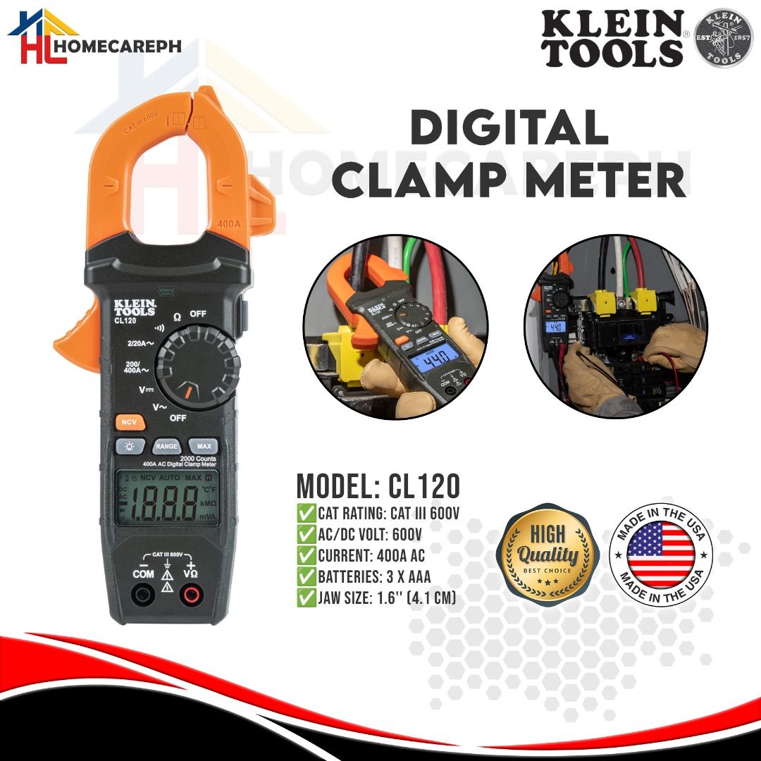 Klein Tools Digital Clamp Meter CL120 (Category: Construction Tools & Equipment) located in Manila. Submitted by homecareph (Listing ID 1302286013, Image 1). Description: 02-05-2026 ✅For Sale !!! Retail / Wholesale ✅KLEIN TOOLS DIGITAL CLAMP METER ✅MODEL: CL120 ✅Cat Rating: CAT III 600V ✅AC/DC Voltage: 600V ✅Current 400A AC ✅Batteries: 3x AAA ✅Jaw Size: 4.1cm ✅Type: Auto Ranging Clamp ✅Application: Measures AC Current and NCVT via Clamp and AC/DC