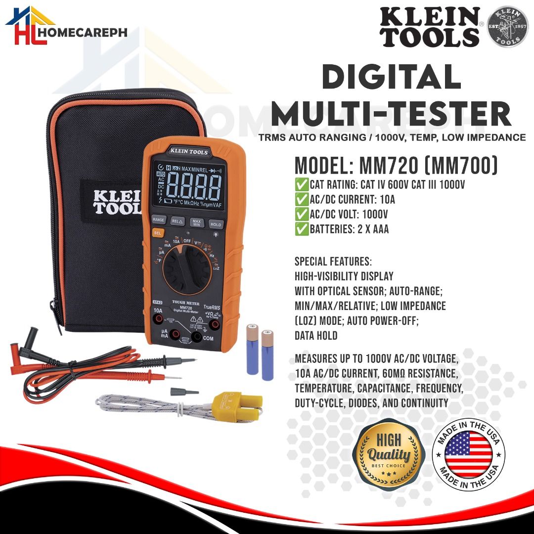 Klein Tools Digital Multi-Tester MM720 (MM700) (Category: Construction Tools & Equipment) located in Manila. Submitted by homecareph (Listing ID 1303103467, Image 1). Description: 02-05-2026 ✅For Sale !!! Retail / Wholesale ✅KLEIN TOOLS DIGITAL MULTI-TESTER ✅MODEL: MM720 (MM720) ✅Cat Rating: CAT IV 600V / CAT III 1000V ✅AC/DC Current: 10A ✅AC/DC Voltage: 1000V ✅Batteries 2x AAA ✅Measures up to 1000 VAC/DC Voltage, 10A AC/DC Current, 60MΩ Resistan
