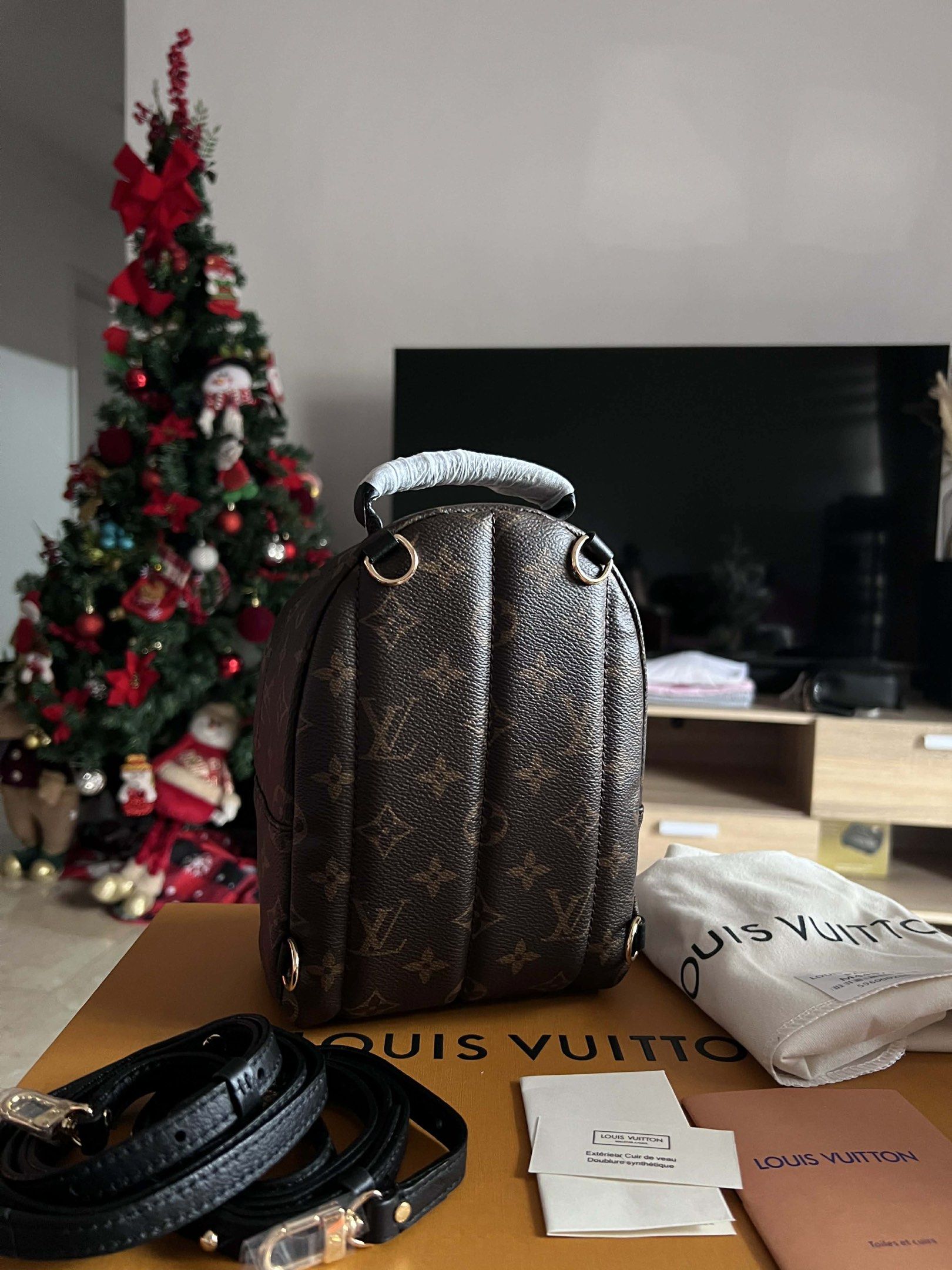 Louis Vuitton Palm Springs Mini Backpack (Category: Luxury Bags & Wallets) located in Manila. Submitted by luxurytreasure.ph (Listing ID 1419944738, Image 2). Description: - Louis Vuitton Palm Springs Mini Backpack - Iconic monogram canvas - Top handle and adjustable shoulder straps - Includes dust bag, care booklet, and original box - Dark fabric interior lining - Front pocket - Gold-tone hardware - Ideal for everyday wear.