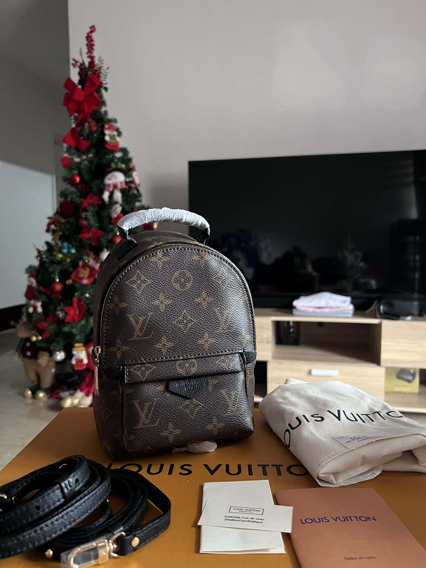 Louis Vuitton Palm Springs Mini Backpack (Category: Luxury Bags & Wallets) located in Manila. Submitted by luxurytreasure.ph (Listing ID 1419944738, Image 1). Description: - Louis Vuitton Palm Springs Mini Backpack - Iconic monogram canvas - Top handle and adjustable shoulder straps - Includes dust bag, care booklet, and original box - Dark fabric interior lining - Front pocket - Gold-tone hardware - Ideal for everyday wear.