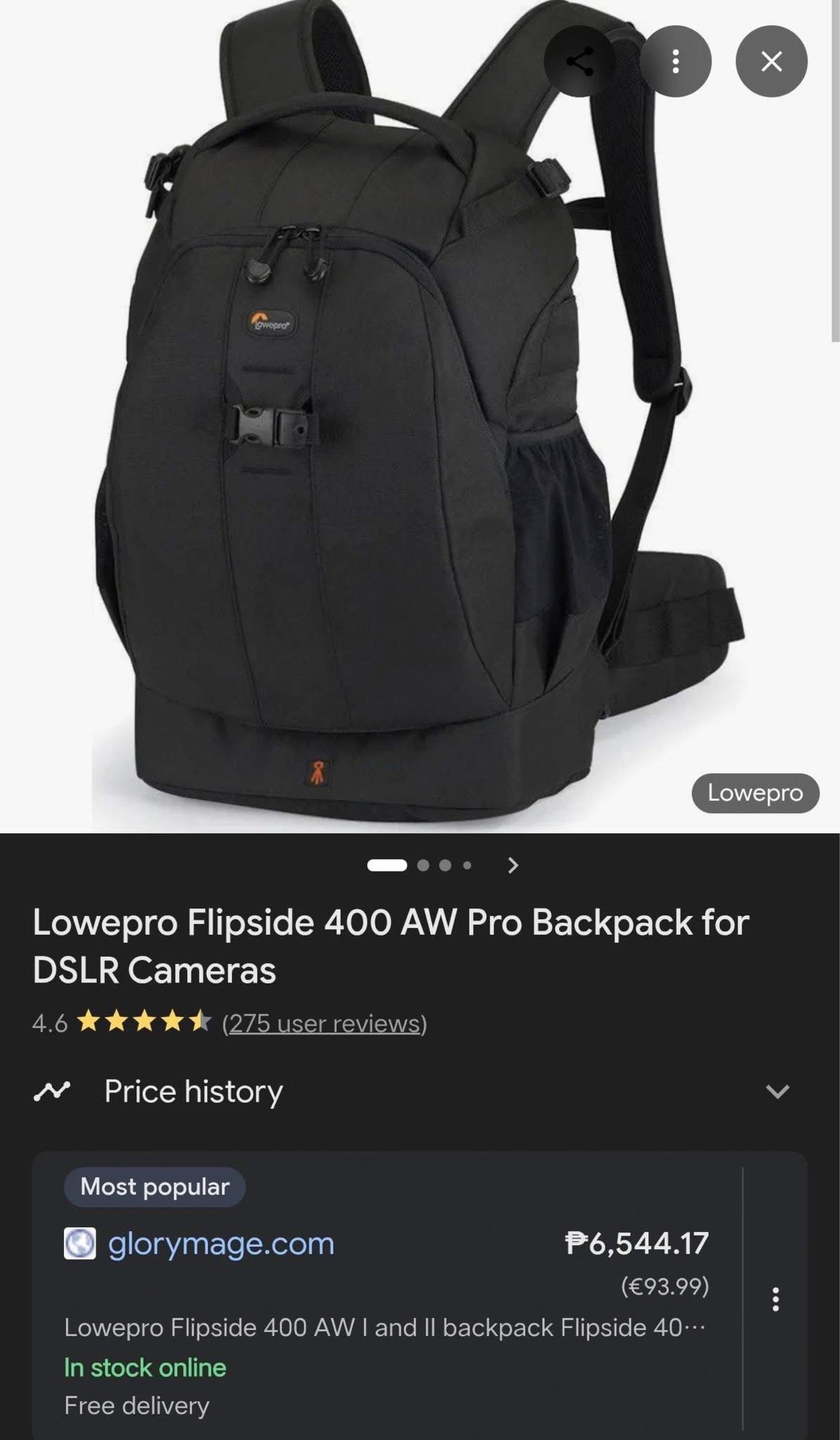 Lowepro Flipside 400 AW Pro Backpack (Category: Backpacks) located in Imus. Submitted by robbiejen (Listing ID 1419818624, Image 1). Description: For photographer or videographer na need na ng bagong bagpack eto na un solid bagong bago bigay ko mura Sample lng yan nilagay ko gamit ko. Regalo sakin ng bayaw ko galing barko. Almost new nandyn orig price. RFS. May bag pa ako No issue 100Like new For sale Lowepro Flipside 400Aw 4000 Fix.