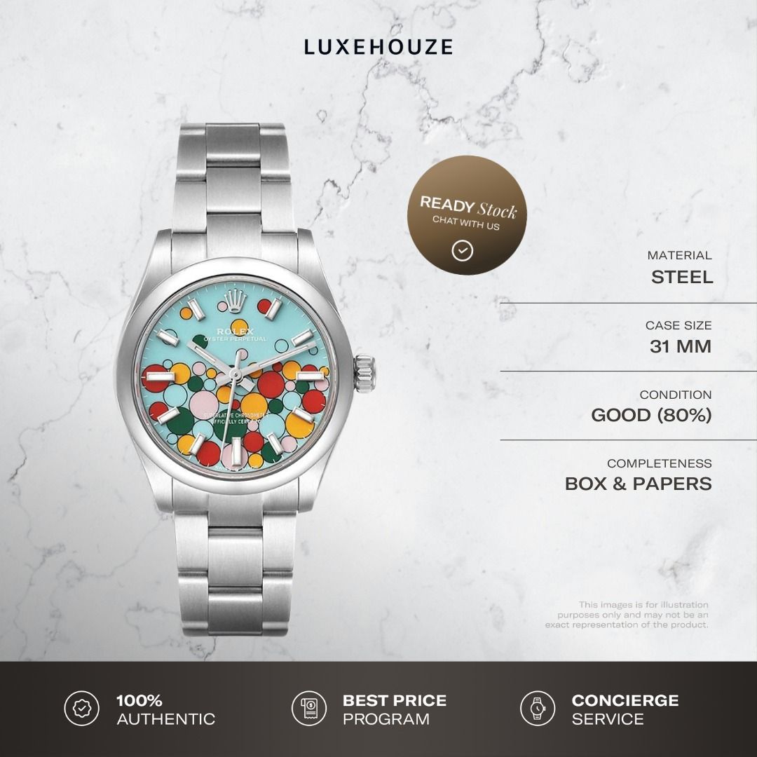 Mint Dec 2023 Rolex Oyster Perpetual 31 277200 Turquoise Blue Celebration Motif Dial Oyster (Category: Watches) located in Singapore. Submitted by luxehouze (Listing ID 1371571844, Image 1). Description: Luxehouze is your trusted marketplace to buy and sell luxury goods. Luxehouze SG Pte Ltd is a licensed luxury goods marketplace and regulated dealer. WHY US? 100% Authentic with Money-Back Guarantee Best Price Program* Luxury Sourcing * T&Cs appl