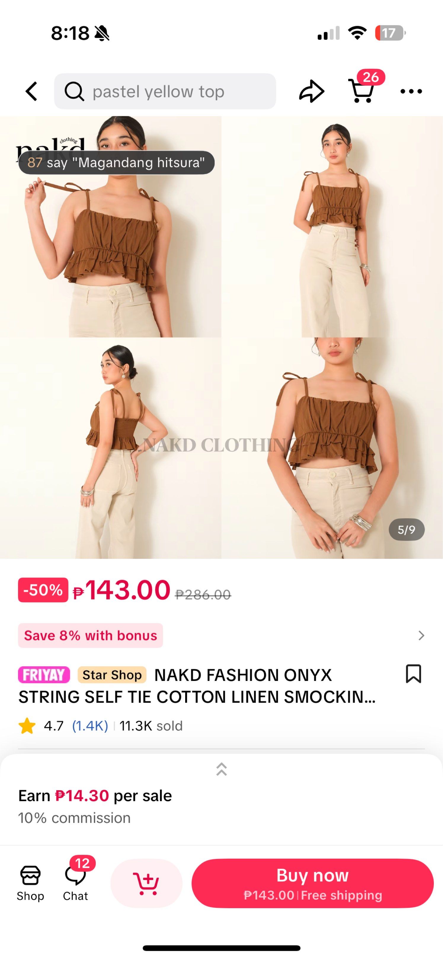 NAKD Fashion Onyx String Tie Top (Category: Sleeveless) located in Makati City. Submitted by asphh (Listing ID 1419907173, Image 2). Description: - Smocked design with string tie details - Made of comfortable cotton linen fabric - Features a flattering cropped length - Ruffled neckline adds a touch of elegance - Perfect for casual or dressy outfits.