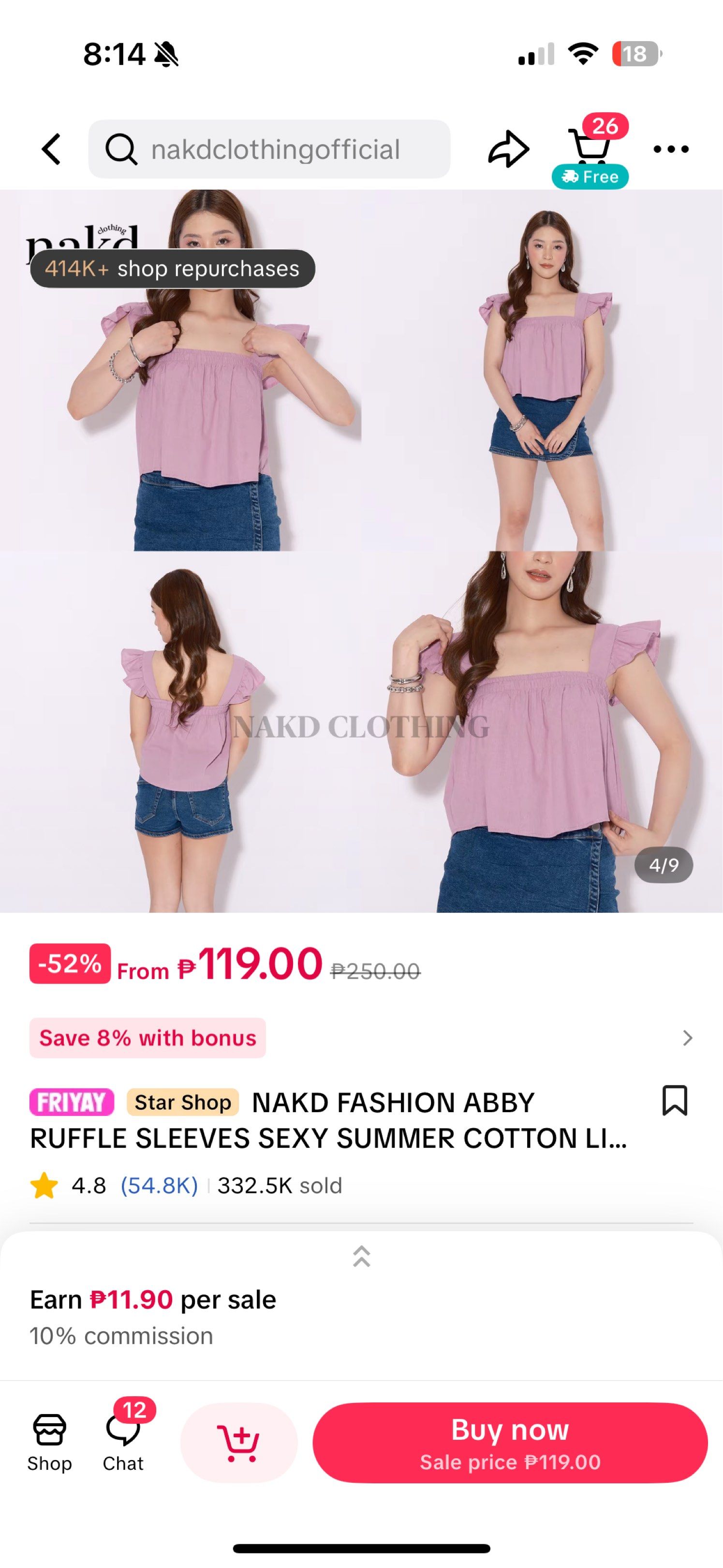 NAKD Fashion Ruffle Sleeves Top (Category: Blouses) located in Makati City. Submitted by asphh (Listing ID 1419906480, Image 2). Description: - Square neckline - Ruffle sleeves - Light pink color - Elastic waistband - Tie details on sides - Cotton linen material.