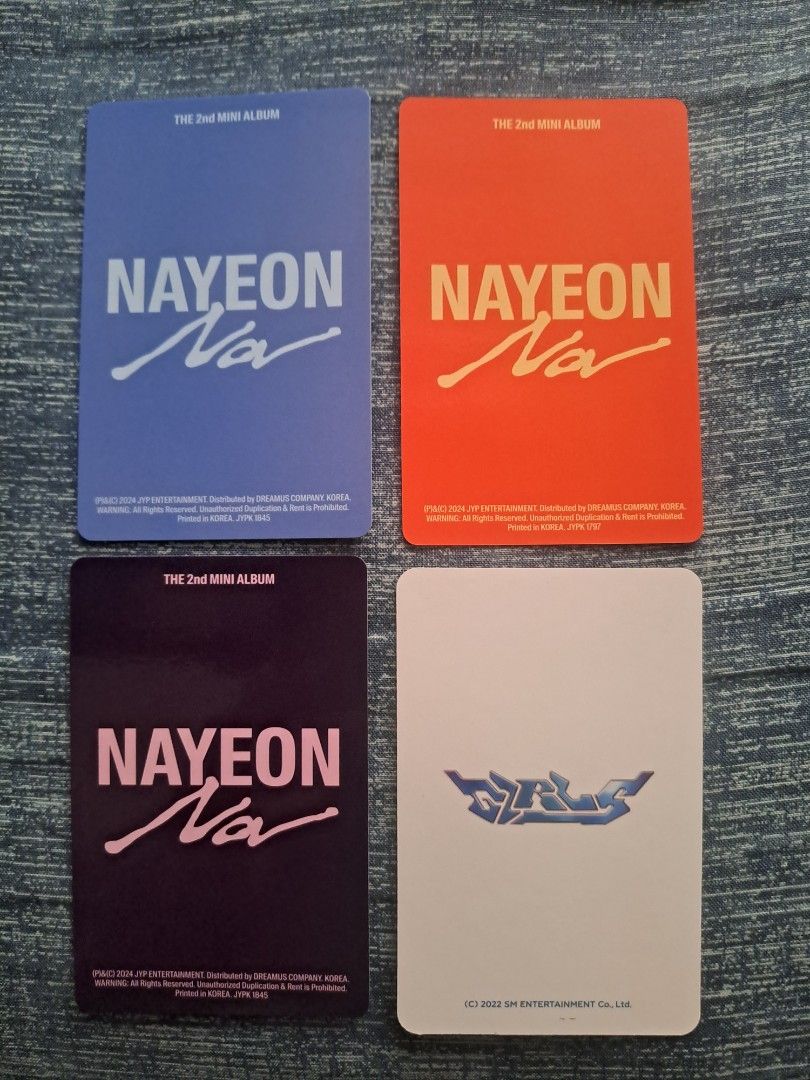 Nayeon & Nigning photocards (Category: K-Wave Merchandise) located in Quezon City. Submitted by ccpdg (Listing ID 1419831268, Image 2). Description: っ Ningning Girls: 550 っ Nayeon NA: 300 each | 100 for nayeon with scratch っ 1,100 if taking all っ condition: 8/10 っ x sensi っ can give more pics and vids for condition upon request っ additional 10 pesos for toploader with sleeves RFS: need funds っ Location: Quezon City (near SM North / Ayala Cloverle