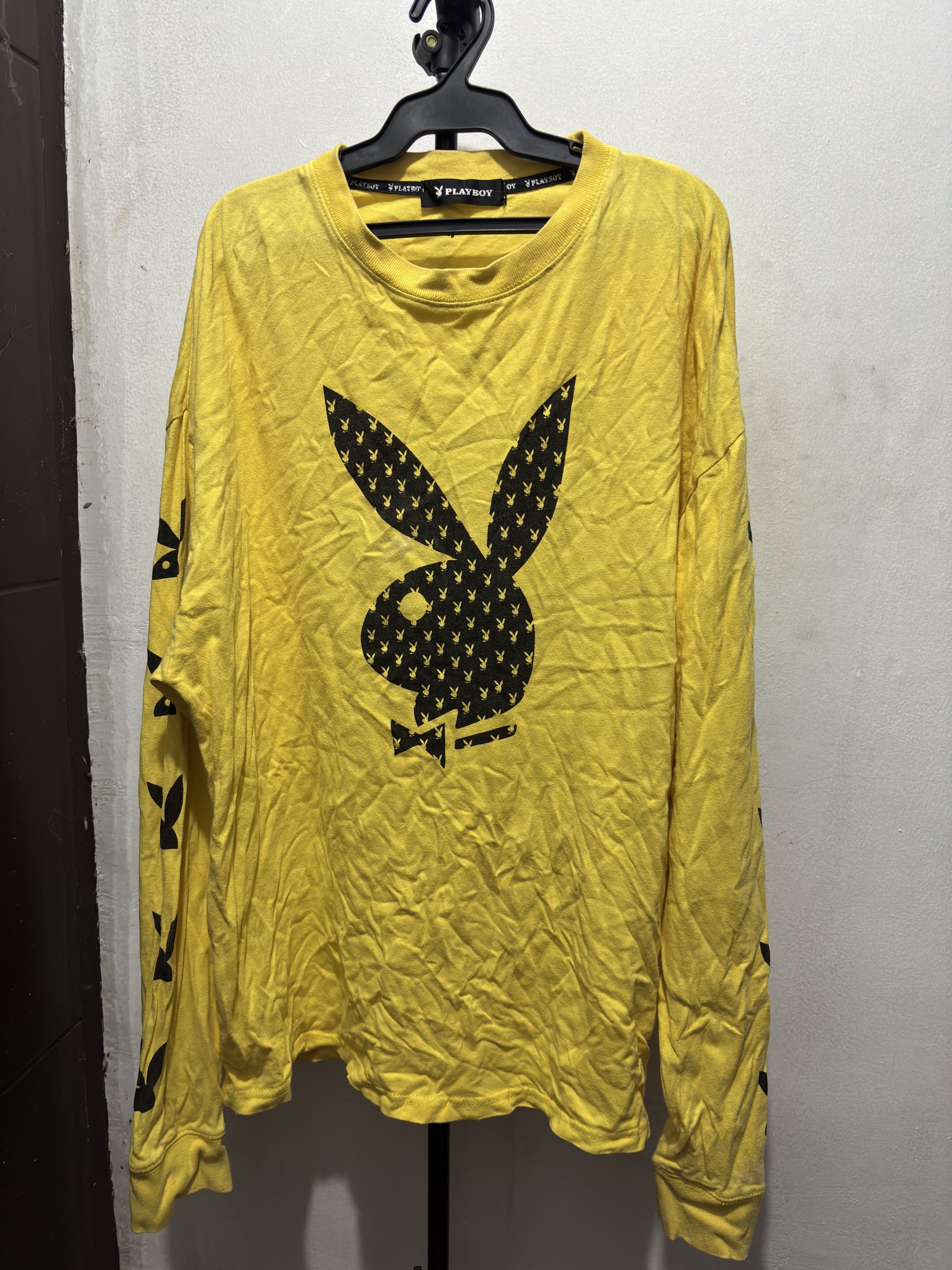 Playboy long-sleeve T-shirt (Category: Coats, Jackets and Outerwear) located in Manila. Submitted by hanj_ (Listing ID 1419974659, Image 1). Description: Playboy long sleeve 💛 Original, good condition Size: XL Color: yellow RFS: decluttering Message me for details ✨.