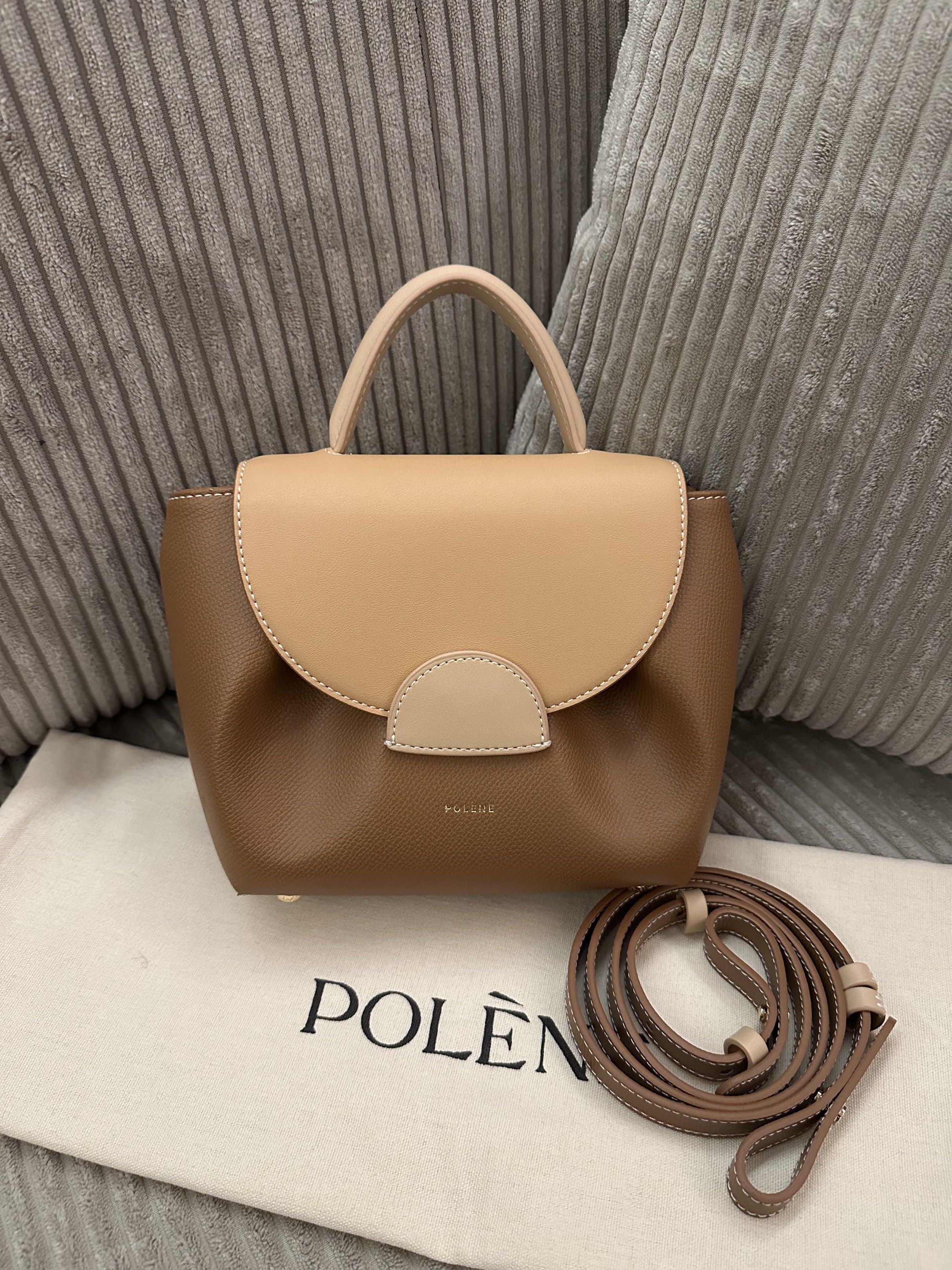 Polène Numéro Sept Handbag (Category: Luxury Bags & Wallets) located in Manila. Submitted by mabssy-2000 (Listing ID 1419927098, Image 2). Description: - Polène Numéro Sept handbag - Two-tone design (brown and beige) - Top handle and detachable shoulder strap - Flap closure - Structured silhouette - Gold-tone hardware - Includes dust bag.