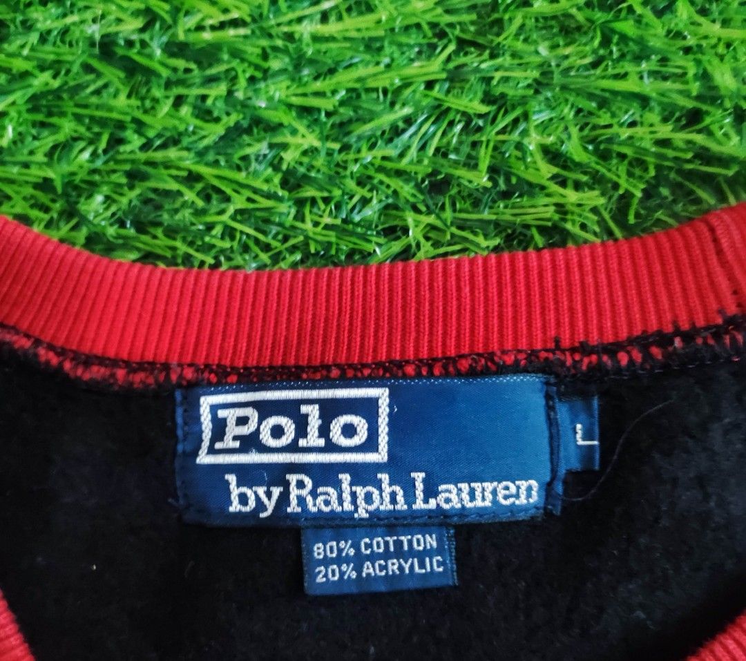 Polo by Ralph Lauren Sweatshirt (Category: Coats, Jackets and Outerwear) located in Taguig. Submitted by lawrence_stuff (Listing ID 1419848231, Image 2). Description: - Polo by Ralph Lauren sweatshirt - Navy blue body - Red collar - Blue embroidered logo - Size: L - Material: 80% cotton, 20% acrylic - Machine washable.
