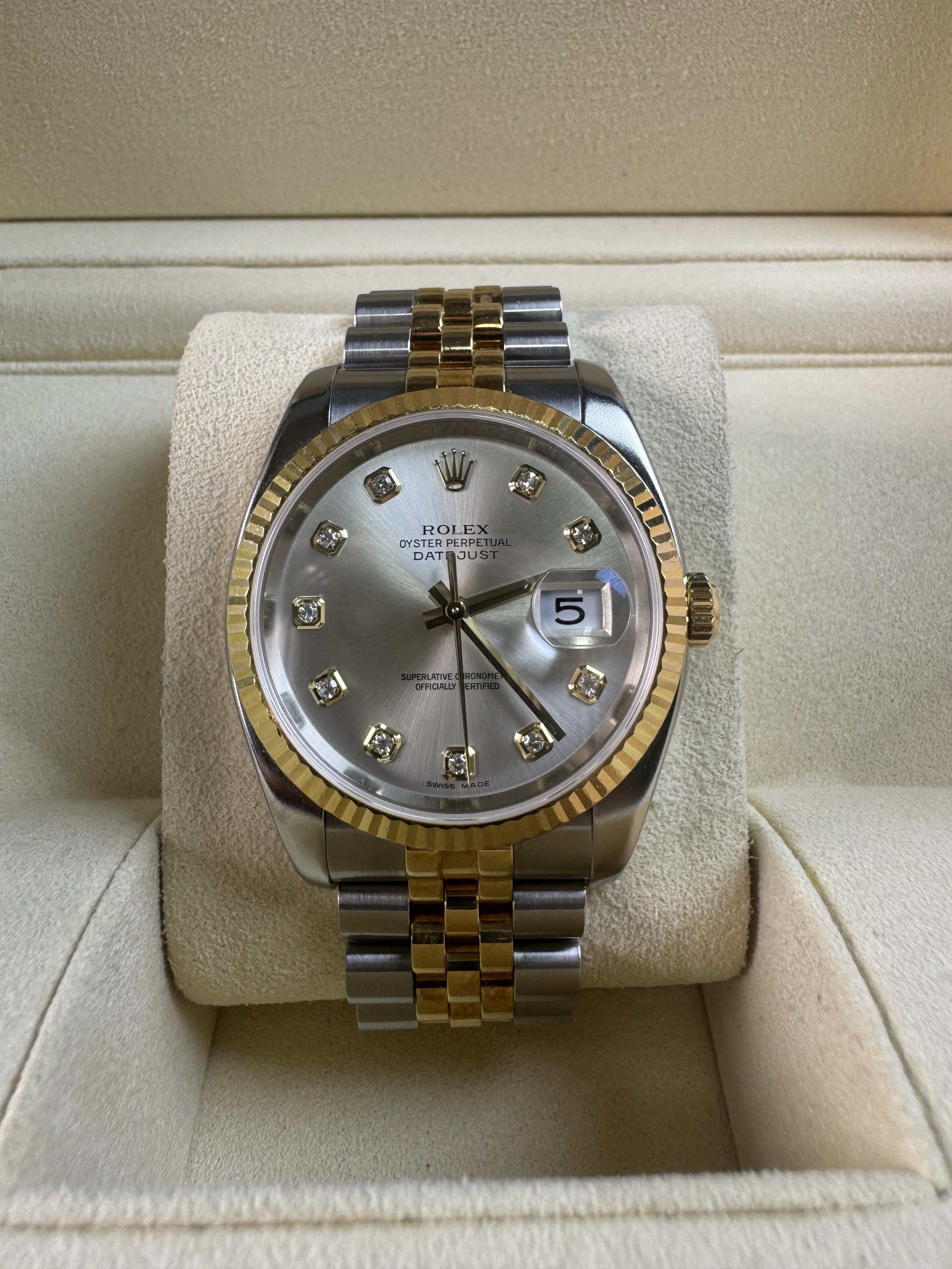 Rolex Datejust (Category: Men's Watches) located in Quezon City. Submitted by LuxPieces (Listing ID 1419948197, Image 2). Description: Rolex Datejust Size 36mm Ref. 116233 Super jubilee Silver Diamond Dial Year 2005 Watch only Pristine condition 470k only.