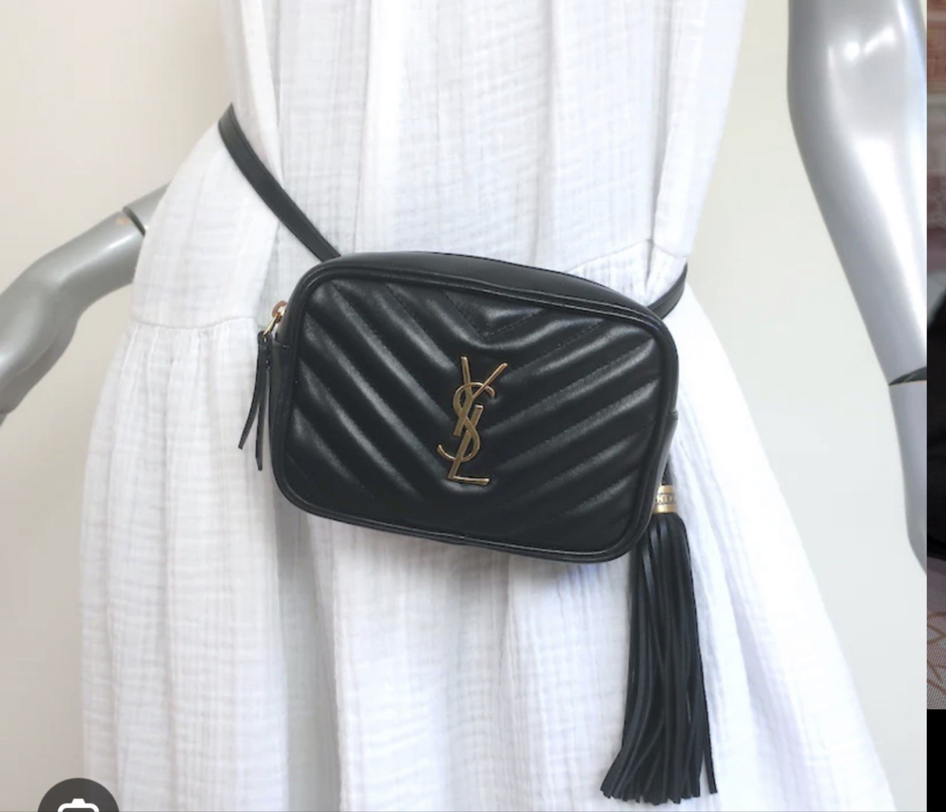 Saint Laurent Lou Camera Bag (Category: Luxury Bags & Wallets) located in Caloocan City. Submitted by mavs_alinas (Listing ID 1419962363, Image 2). Description: Original money back if proven fake 😉 - Saint Laurent Lou Camera Bag - Black, chevron-quilted design - Gold-tone YSL logo - Detachable shoulder strap - Tassel detail - Top zip closure - Interior pocket - Includes dust bag - Includes Saint Laurent card.