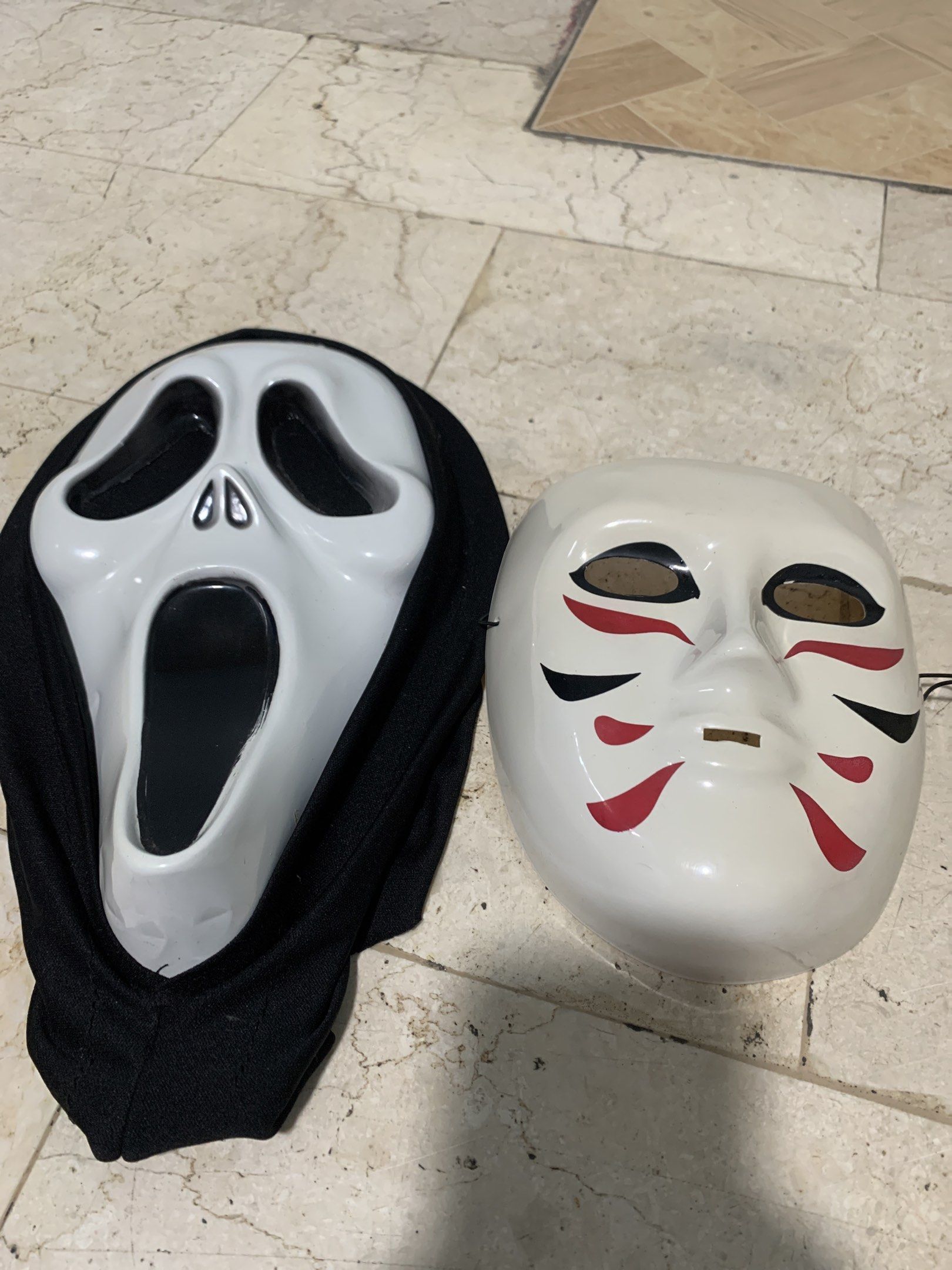 Scream Mask and Japanese Mask (Category: Face Masks & Face Shields) located in Valenzuela. Submitted by rjtoysjapan0306 (Listing ID 1419901411, Image 3). Description: - Includes two masks: - Classic Scream mask (white face, black hood) - Japanese-style mask (red and black details) - Made of plastic - Ideal for Halloween or cosplay For only 350 set as in 📌Mop Gcash 📌Mod Lbc cop cod Lalamove 📌Location Valenzuela City Gen T Deleon.