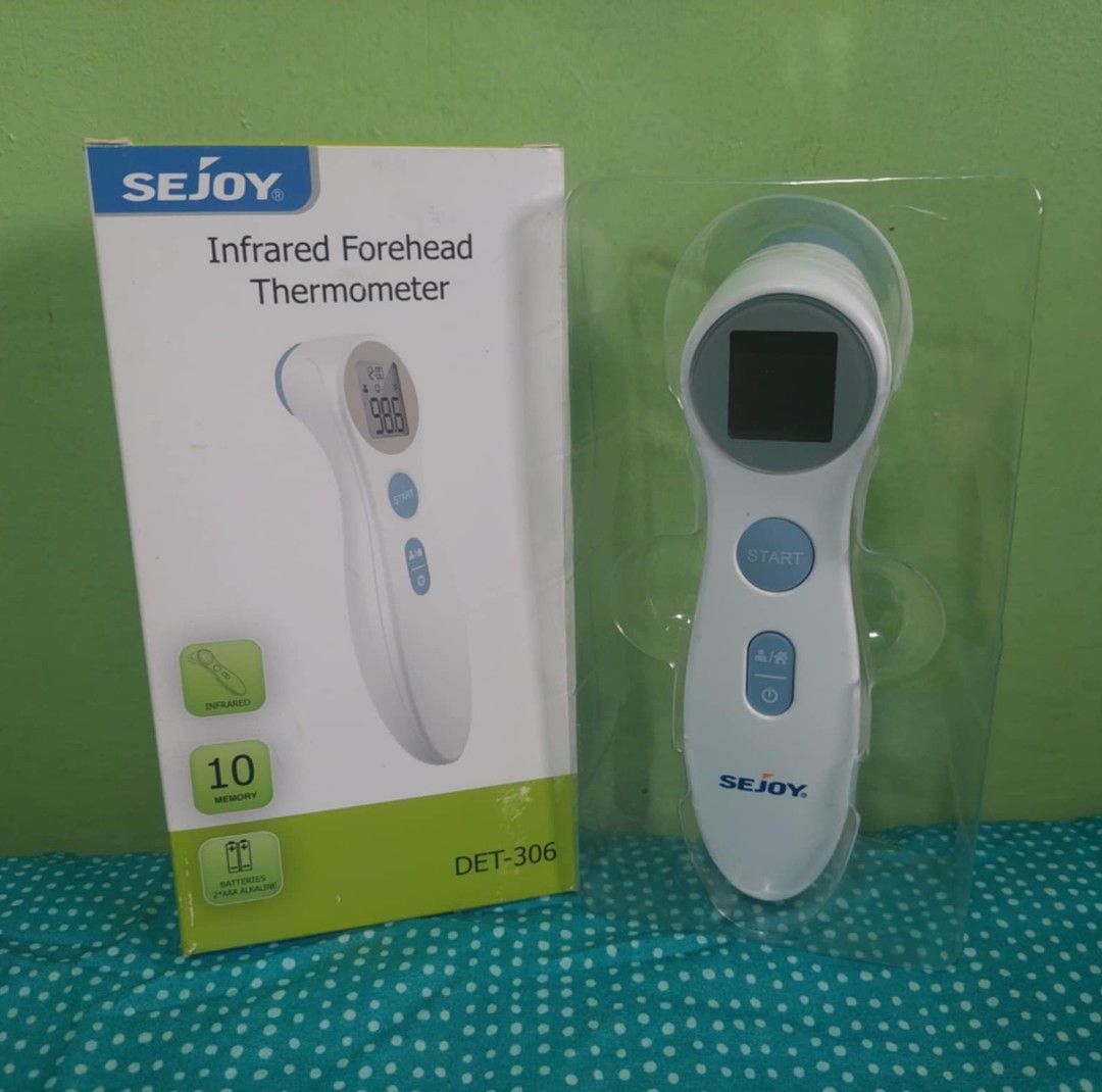Sejoy Forehead Thermometer US Quality (Category: Health Monitors & Weighing Scales) located in Marikina City. Submitted by entropymarketing (Listing ID 1419854329, Image 1). Description: SEJOY FOREHEAD THERMOMETER Brandnew Imported from USA China assembled This infrared forehead thermometer allows you to take human and surface temperatures in Celsius and Fahrenheit. It is designed to eliminate contact via no-touch technology, a popular choice at 