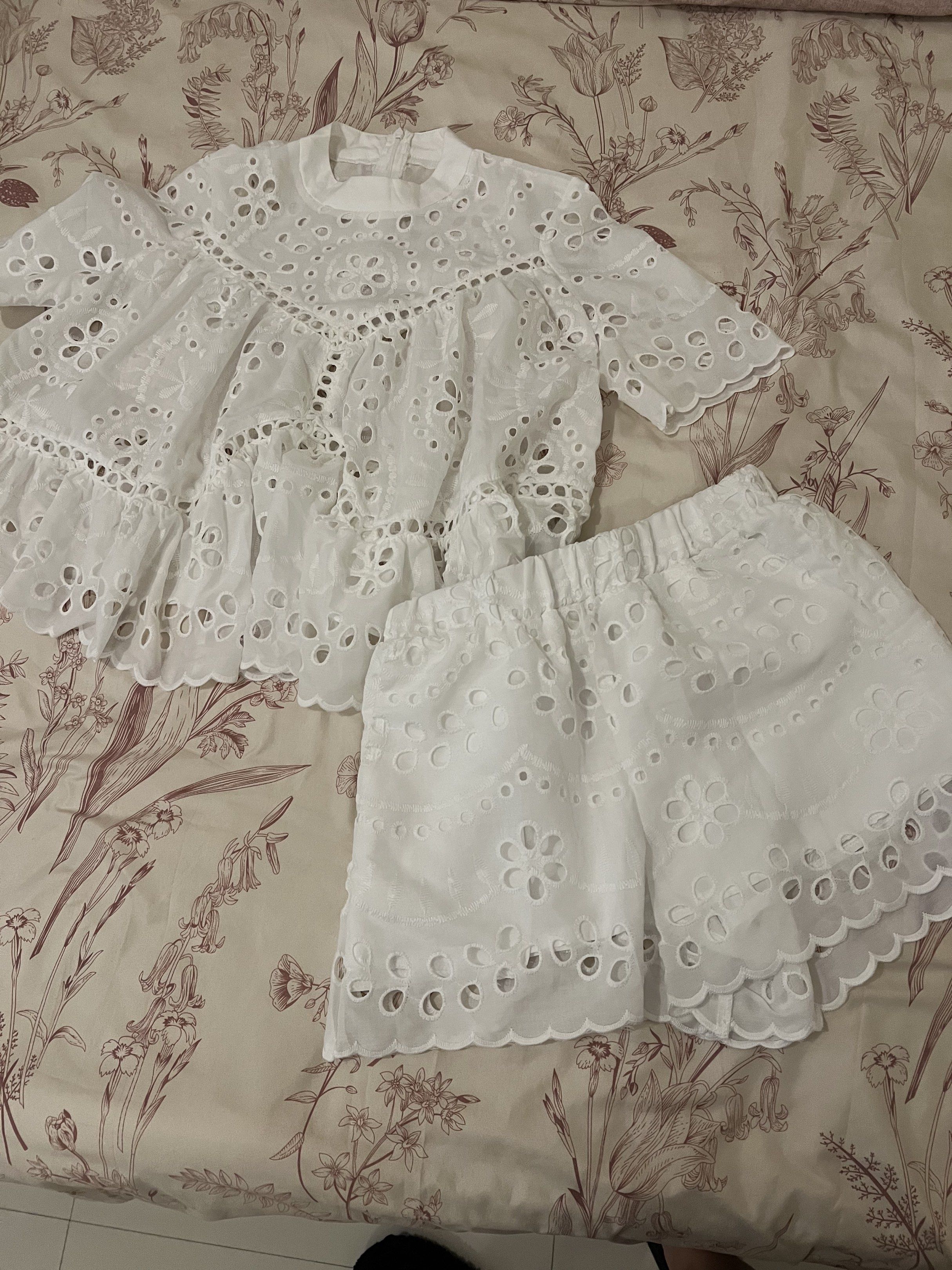 SHEIN White Eyelet Top and Shorts Set (Category: Sets or Coordinates) located in Talavera. Submitted by dnms_ (Listing ID 1419960812, Image 1). Description: • Brand new • Can be sold separately - Top: 600 - Shorts: 500 • Lalamove / J&T delivery.