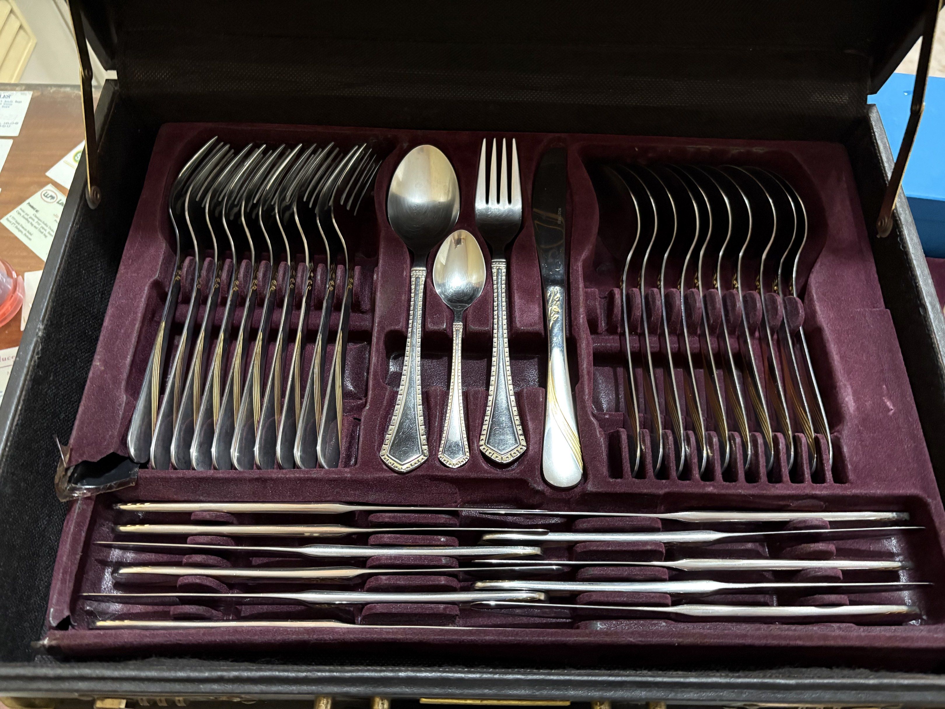 Solingen Germany Cutlery Set in Case (Category: Dinnerware & Cutlery) located in Bulacan. Submitted by ParisDeclutter (Listing ID 1419429728, Image 2). Description: Authentic Solingen - Solingen Germany cutlery set - Presented in a black case - Includes forks, spoons, knives, and other utensils - Maroon velvet interior - Brand name visible on the case - Complete and well-organized set -Authenticity Papers Complete 💵 NEGOTIABLE ❗️❗️❗️ Once Purcha