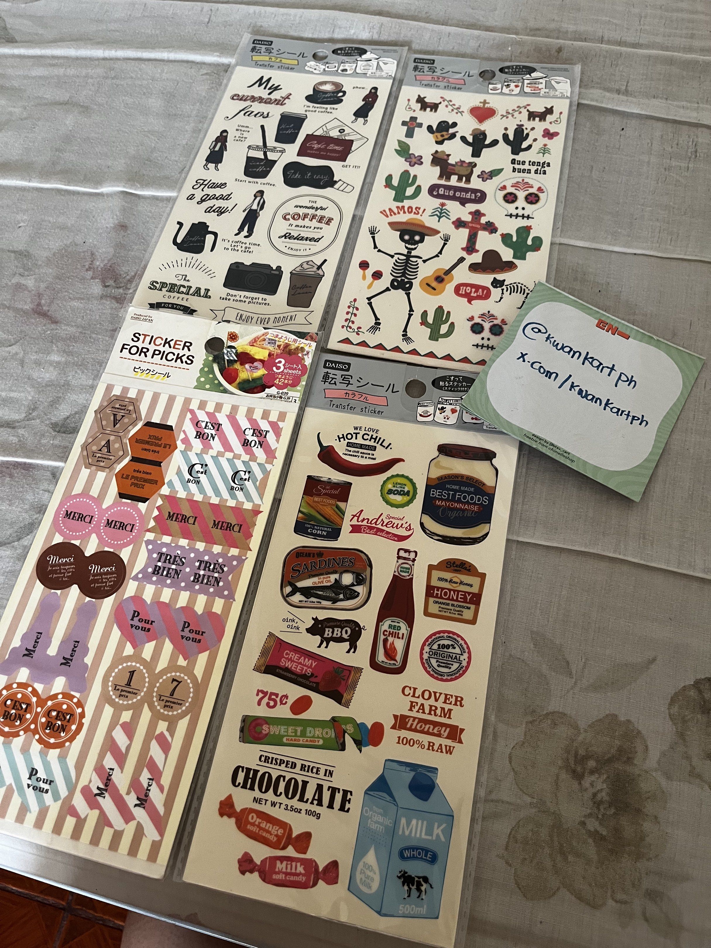 TAKE ALL Daiso Stickers (Category: Craft Supplies & Tools) located in Taguig. Submitted by liaxelle (Listing ID 1419787668, Image 1). Description: All stickers in the picture are included. - Daiso transfer sticker set. - Features diverse designs: coffee, Mexican, food, and more. - Ideal for journals, scrapbooks, and crafts. - Offers a variety of sizes and styles..