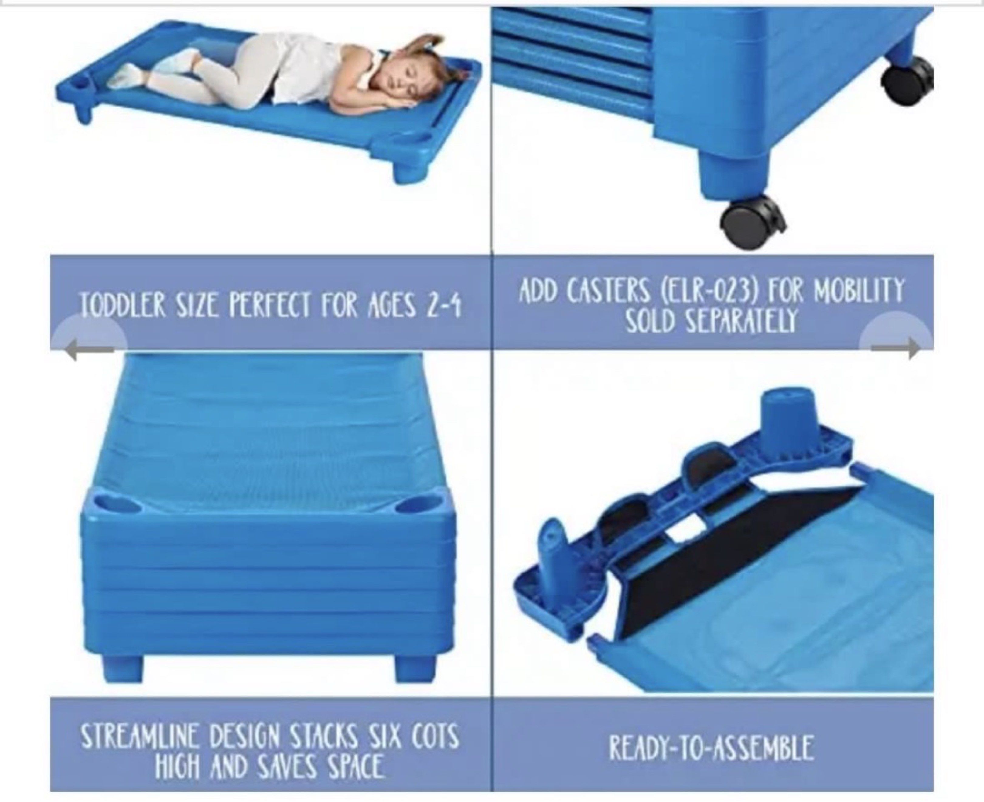 Toddler Cot - Blue, Stackable (Category: Cots & Cribs) located in Singapore. Submitted by sales.items (Listing ID 1419953732, Image 1). Description: - Blue toddler cot suitable for children aged 2-4. - Streamline design. - Stackable up to 6 cots high for space-saving. - Easy to assemble. - Features built-in cup holders. - Dimensions: 52" x 23" x 5"..