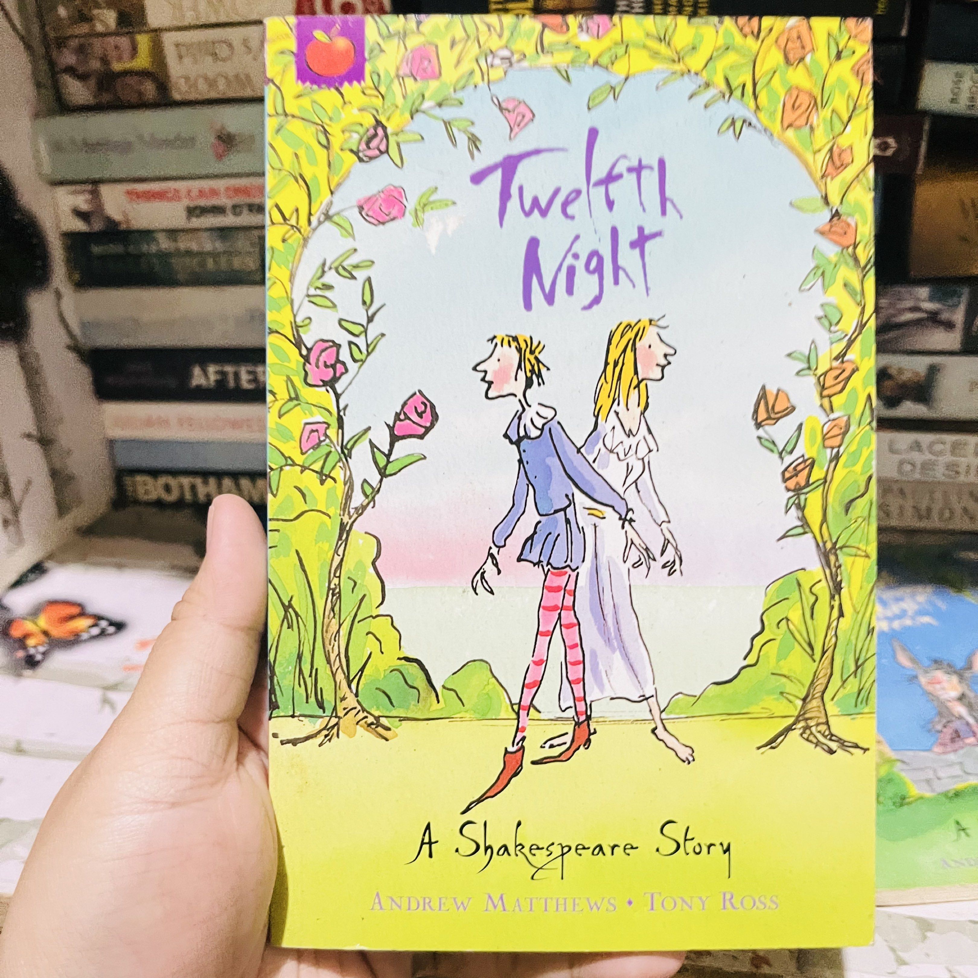 Twelfth Night: A Shakespeare Story (Category: Storybooks) located in Taguig. Submitted by hazebooksdeclutter (Listing ID 1419828161, Image 1). Description: - Book: Twelfth Night adaptation - Author: Andrew Matthews and Tony Ross - Series: Apple series - Cover: Features a garden illustration.