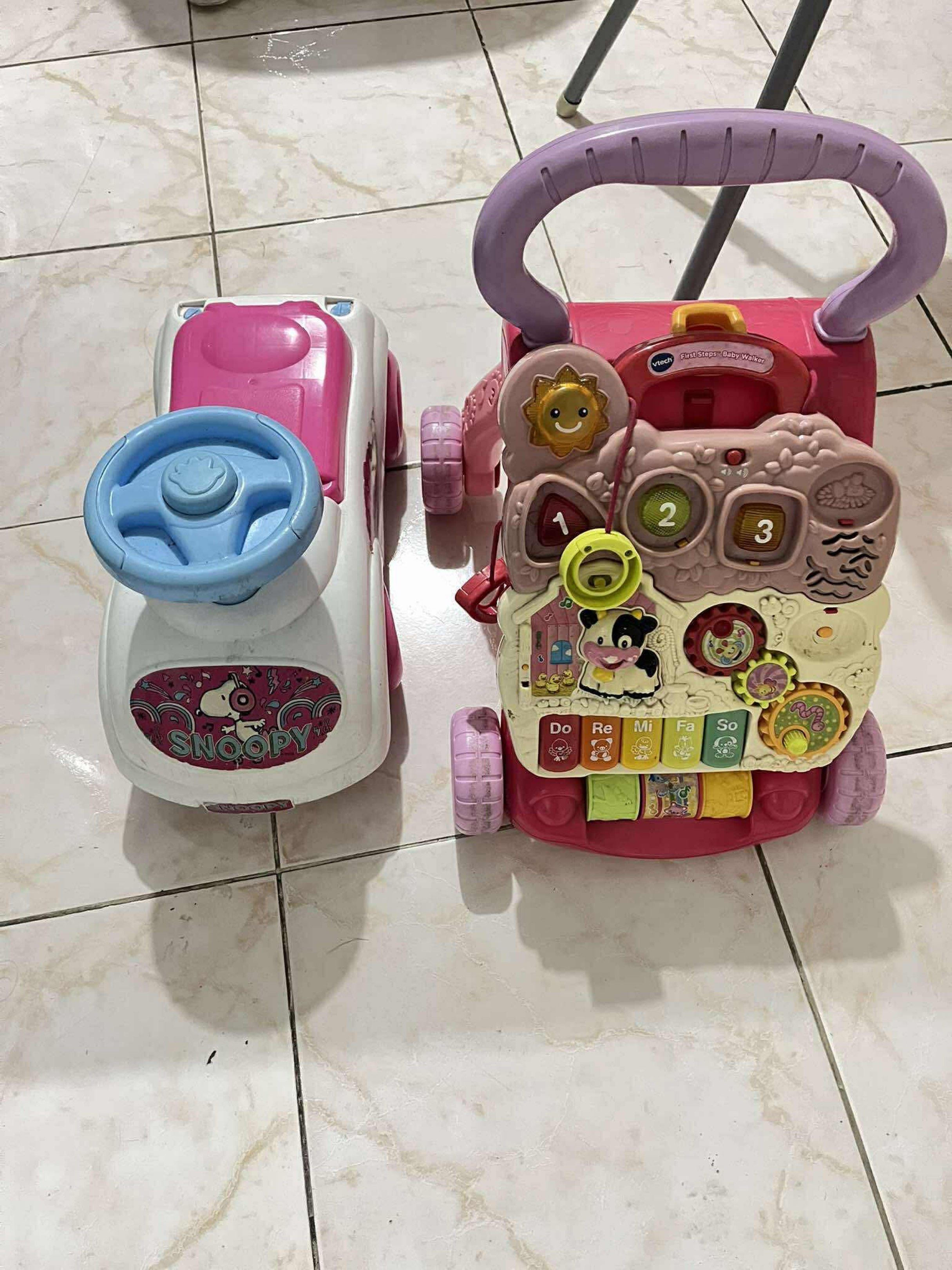 VTech Sit-to-Stand Walker & Snoopy Ride-on (Category: Infant Playtime) located in Cainta. Submitted by rufinojaya52166 (Listing ID 1419934444, Image 1). Description: V tech walker Issue: music not working anymore Car Issue: back rest is broken.