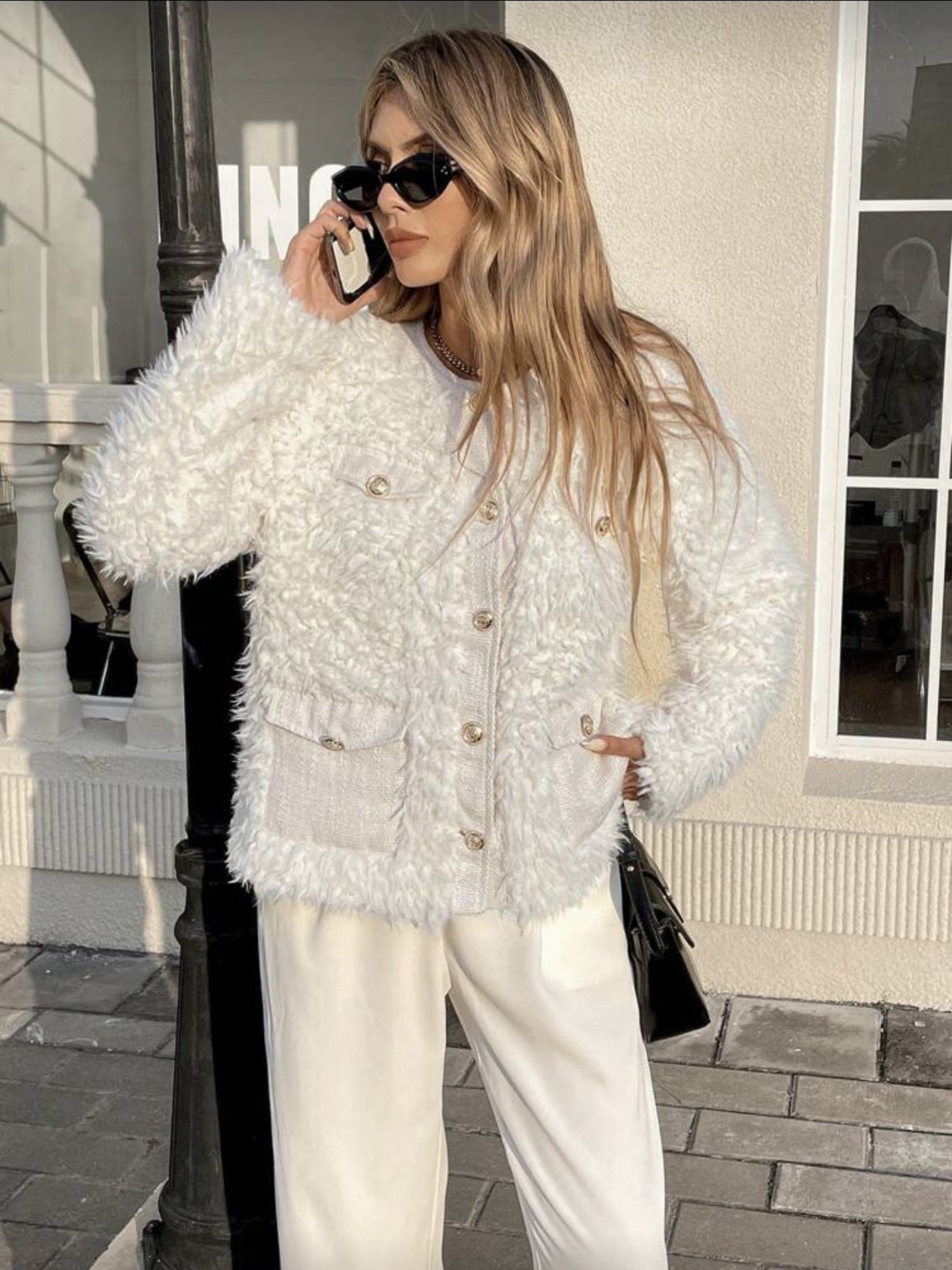 White Faux Fur Jacket (Category: Coats, Jackets and Outerwear) located in Valenzuela. Submitted by kimerunn (Listing ID 1419854645, Image 3). Description: - White faux fur jacket - Round neckline - Pearl button closure - Two front pockets with tweed detailing - Soft, textured feel - Great for layering - Suitable for various occasions.