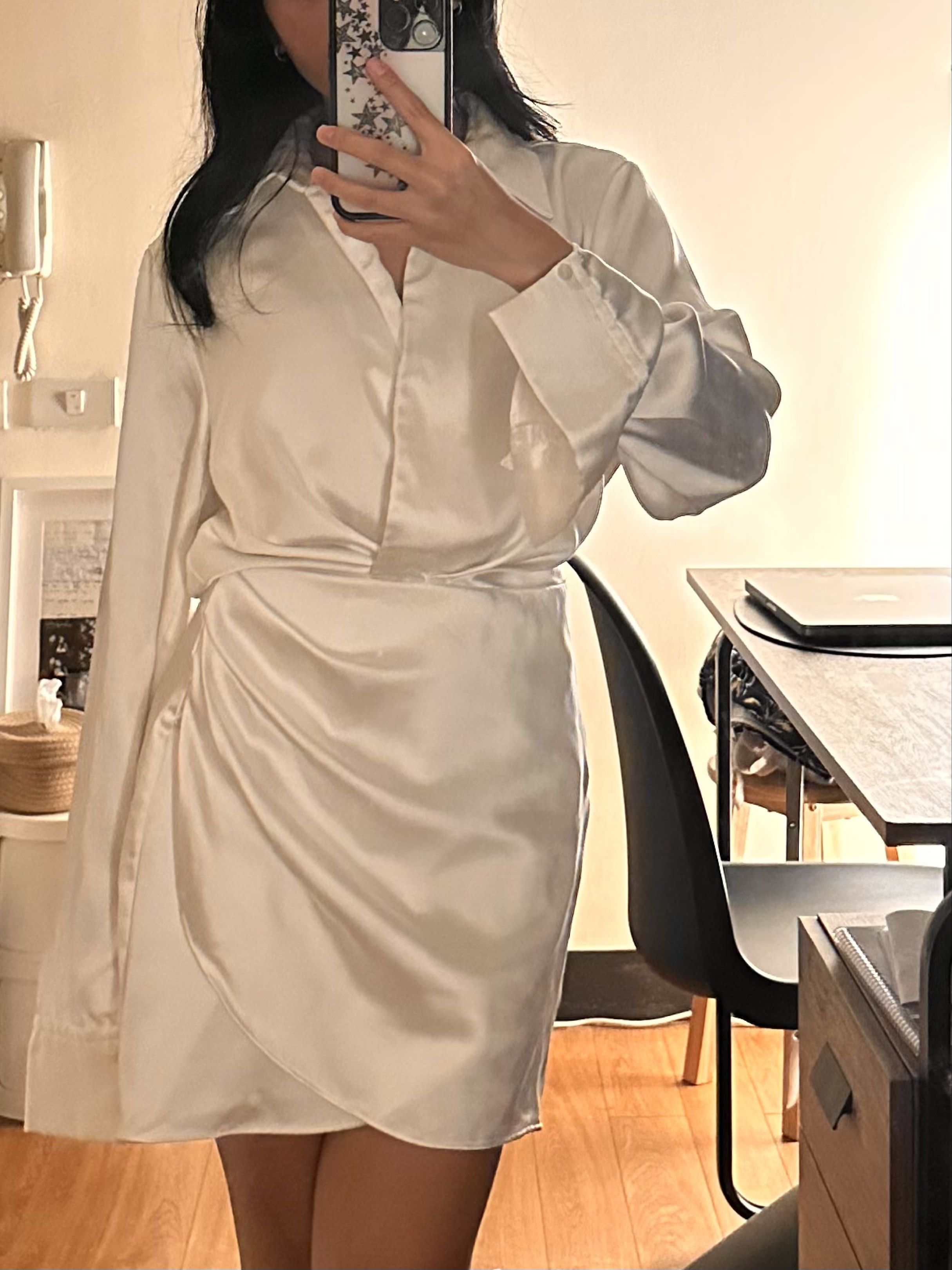white satin wrap dress (Category: Dresses) located in Cainta. Submitted by brberry (Listing ID 1419887303, Image 1). Description: 🪭 zara white satin dress 🪭 handsewn a button for #safety as seen on 2nd pic, not stretchy 🪭 size: XS 🪭 rfs: not my style anymore 🪭 shipping: buyer books with any app + shoulders the fee / can meet up in UST.