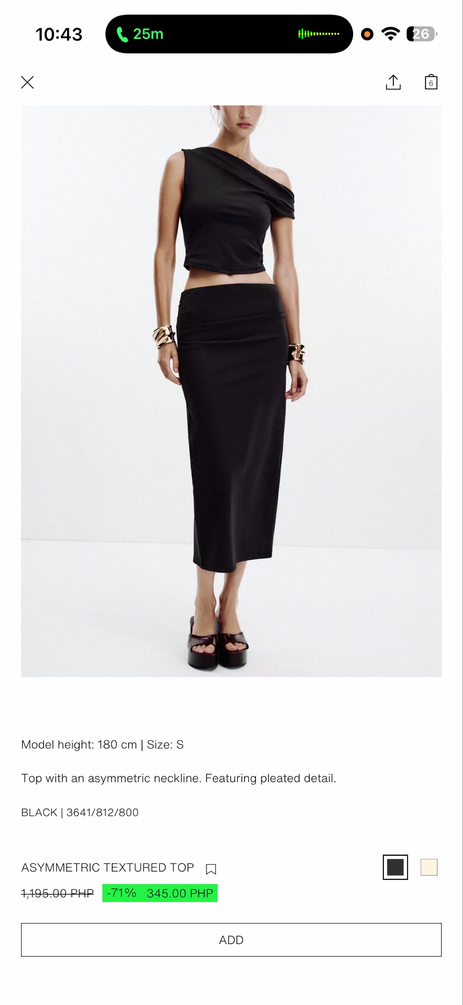 Zara Top and Skirt Coords Coordinates Set Pair (Category: Sets or Coordinates) located in Binan City. Submitted by kelly529 (Listing ID 1419799855, Image 2). Description: Textured Midi Skirt Model height: 180 cm | Size: M Top with an asymmetric neckline. Featuring pleated detail BLACK 3641/812/800 Asymmetric Textured Top Model height: 180 cm | Size: M Top with an asymmetric neckline. Featuring pleated detail BLACK 3641/812/800 Size Medium Last pr
