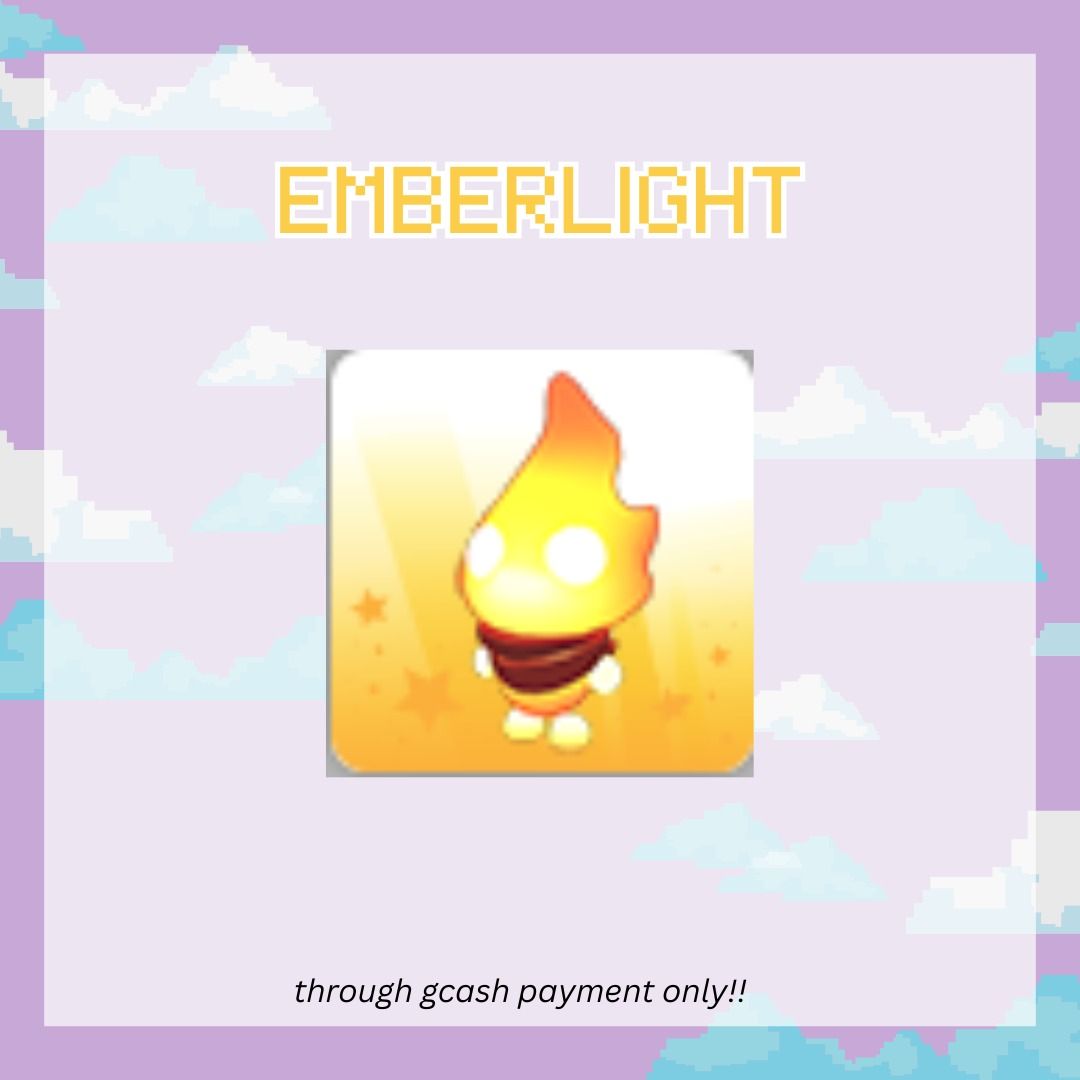 ADOPT ME NO POT EMBERLIGHT (Category: Others) located in Alfonso. Submitted by cosette__ (Listing ID 1420027908, Image 1). Description: - Adopt Me Emberlight pet available! - Adorable design. - Payment accepted via GCash only. - Add this fiery friend to your collection!.