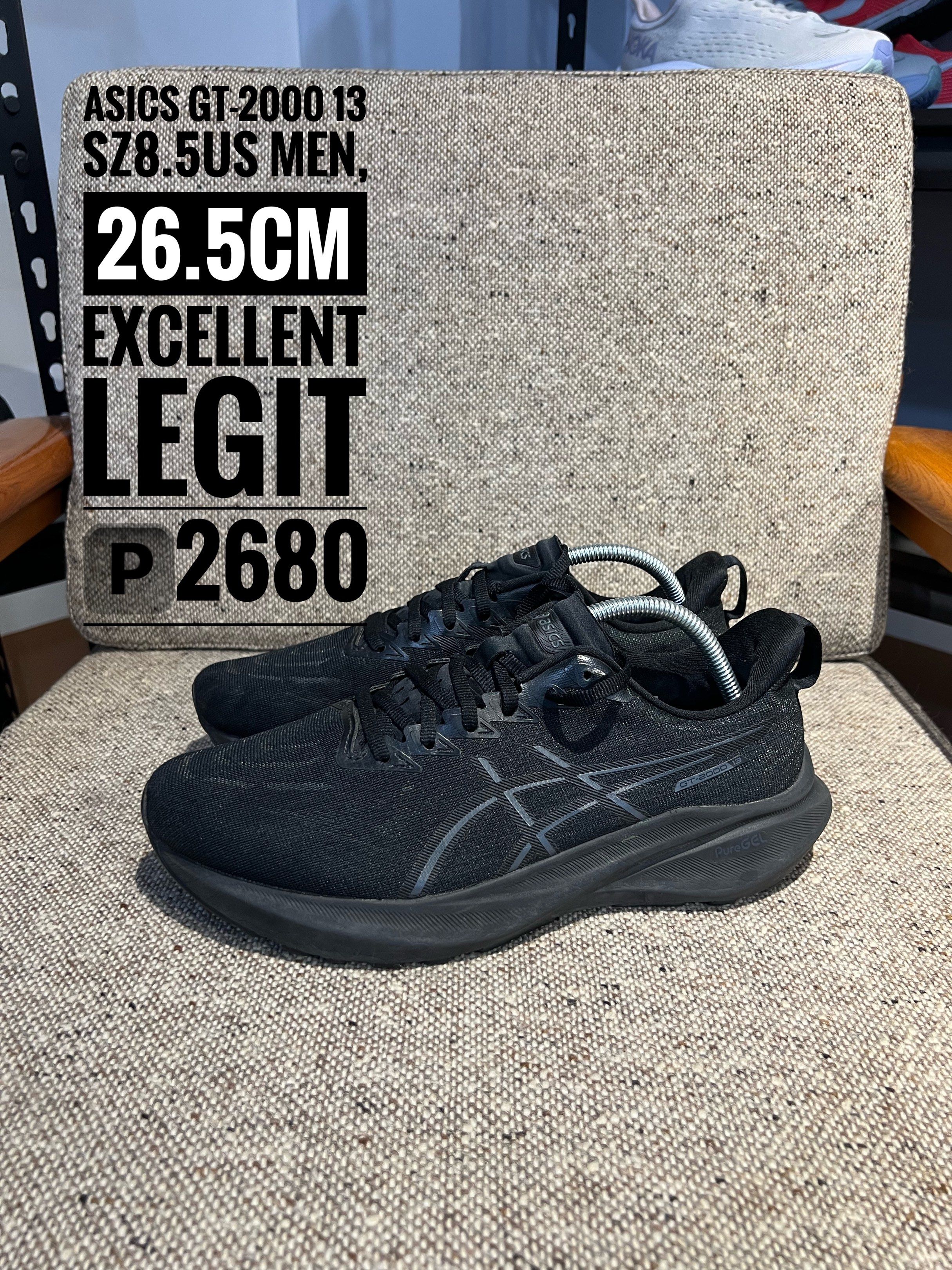 ASICS GT-2000 13 Men's Running Shoes (Category: Sneakers) located in Baguio. Submitted by cray1234 (Listing ID 1419977302, Image 1). Description: ASICS GT-2000 13 running shoes in black. Size is 26.5CM / US 8.5. The soles show minimal wear. The insoles have the ASICS logo. The shoes are all black. The shoes are legit..