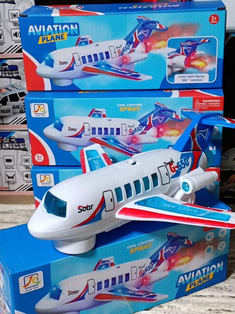 Aviation Plane Toy with Lights and Spray (Category: Kids Toys) located in Pasig City. Submitted by benildarustia18 (Listing ID 1420089349, Image 2). Description: Aviation Plane toy features cool lighting and spray effects. It has a G-650 model and is suitable for children aged 3 and up. The plane has a blue, white, and red color scheme. It also has a 360-degree rotation feature. The box indicates it is a toy..