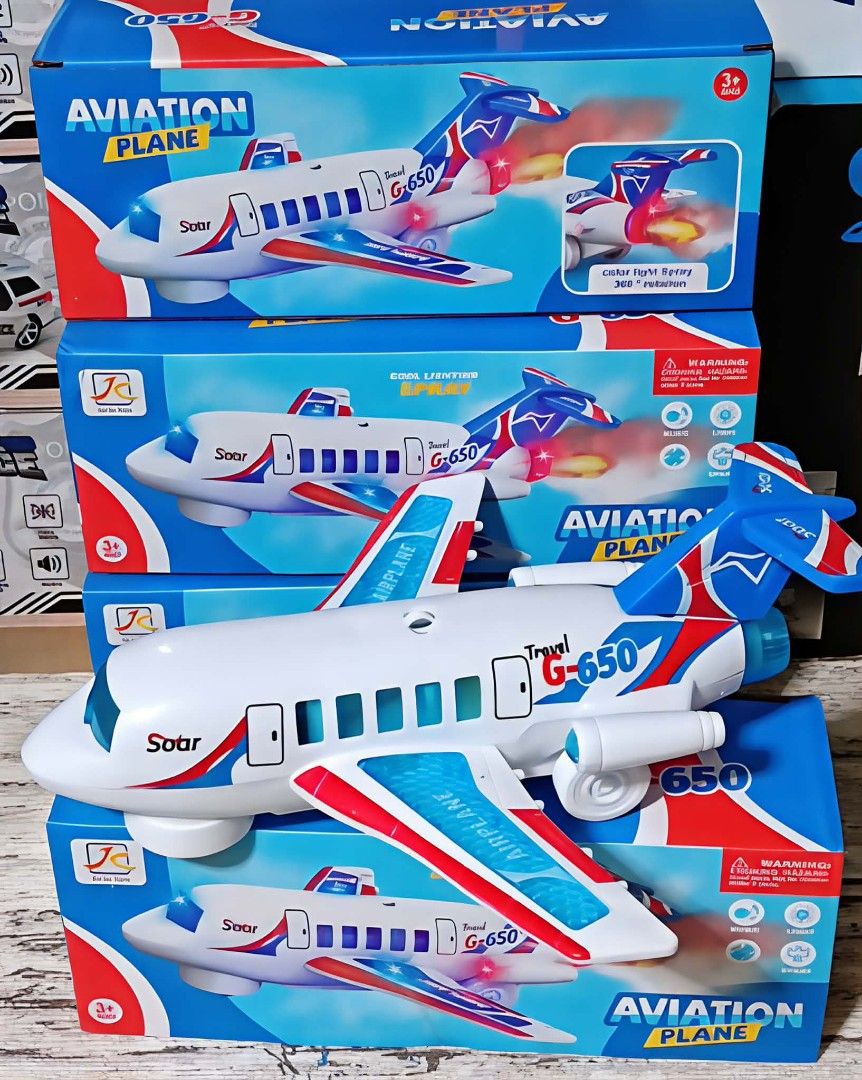 Aviation Plane Toy with Lights and Spray (Category: Kids Toys) located in Pasig City. Submitted by benildarustia18 (Listing ID 1420089349, Image 3). Description: Aviation Plane toy features cool lighting and spray effects. It has a G-650 model and is suitable for children aged 3 and up. The plane has a blue, white, and red color scheme. It also has a 360-degree rotation feature. The box indicates it is a toy..