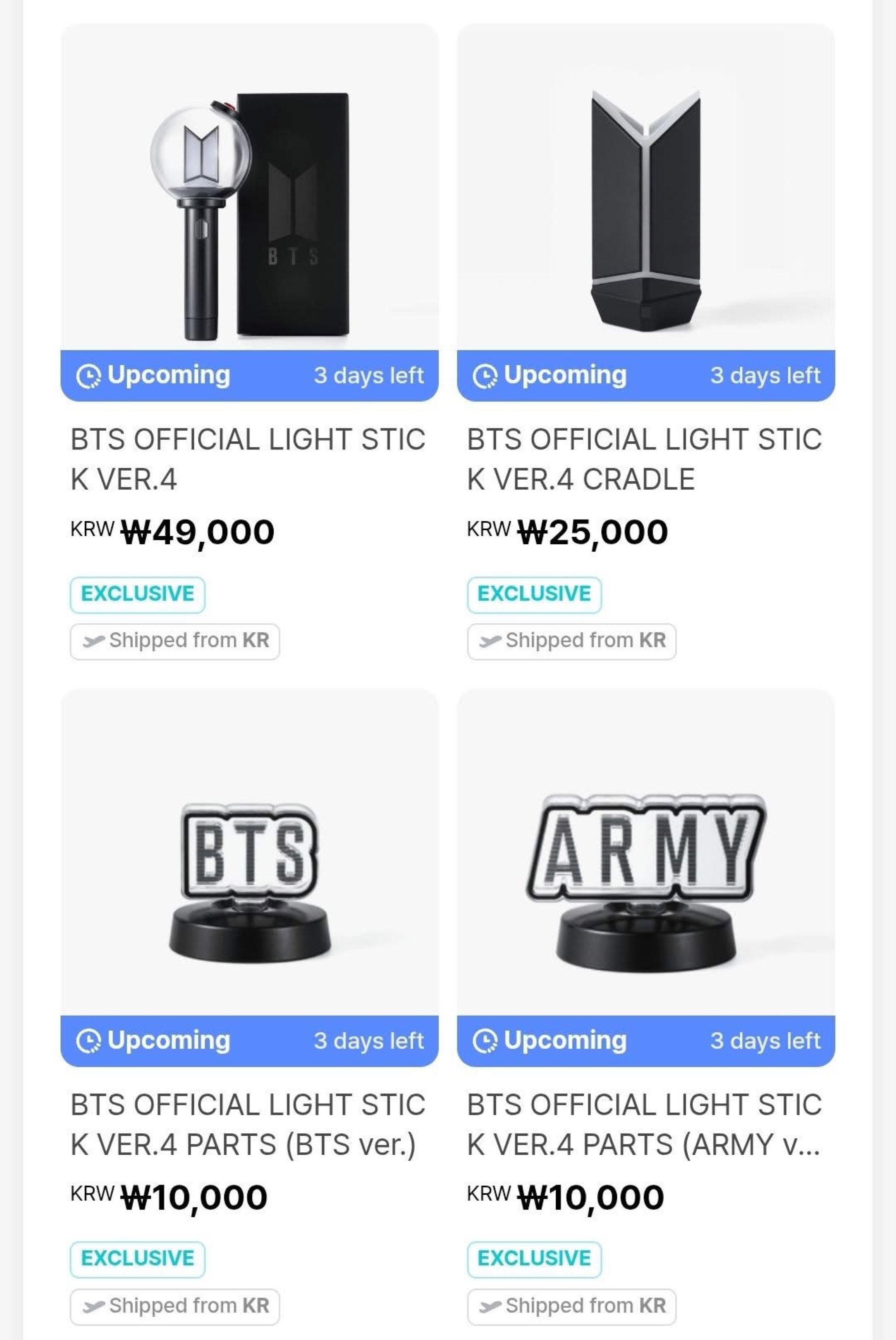 BTS Light Stick Ver. 4 (Official) Army Bomb (Category: K-Wave Merchandise) located in Makati City. Submitted by seouloptionsph (Listing ID 1420093929, Image 3). Description: BATCH 2 BTS OFFICIAL LIGHTSTICK VERSION 4 💜 [Korean address rental/KR box sharing] For self check out only ✔️ - Lightstick P250 - Cradle P200 - Parts P80 ETA: April (no exact date) must be willing to wait..