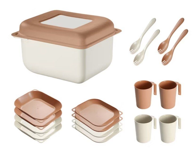Aesthetic Camping/Picnic Tableware Set (Plates, Sporks, Cups, Container) (Category: Hiking & Camping) located in Caloocan City. Submitted by yssvc (Listing ID 1420122804, Image 1). Description: - Complete outdoor camping tableware set - Includes plates, cups, sporks, and storage box - used just once - missing one brown spork - decluttering - bought 628 php.
