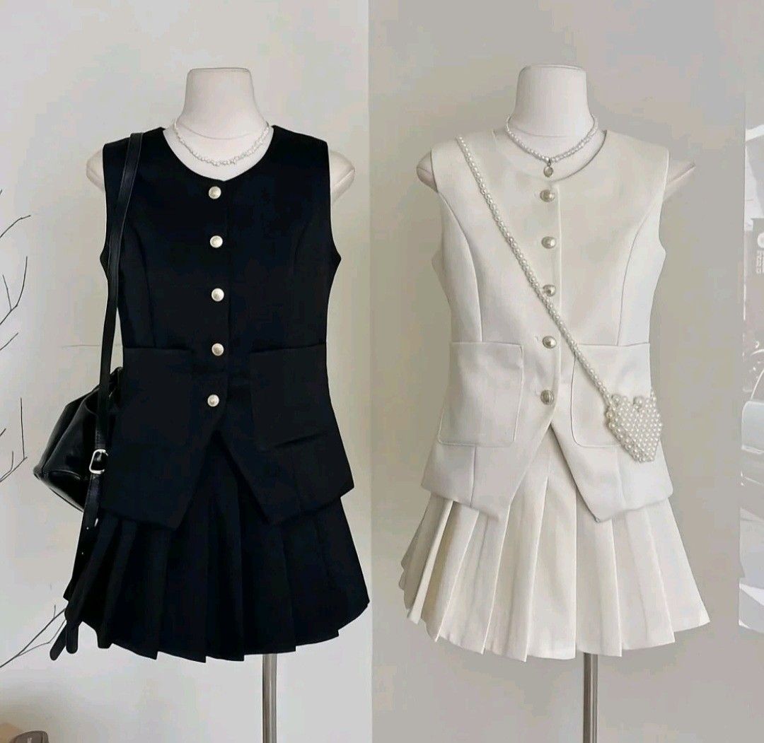 Carine Suit Pleated Skirt Set (Category: Sets or Coordinates) located in Santo Tomas. Submitted by anneiyayey (Listing ID 1420128314, Image 2). Description: - Stylish skirt set - Sleeveless vest with button closures and pockets - Pleated skirt - Beige Color - Perfect for a chic and sophisticated look -Used once only -bought for 1300.