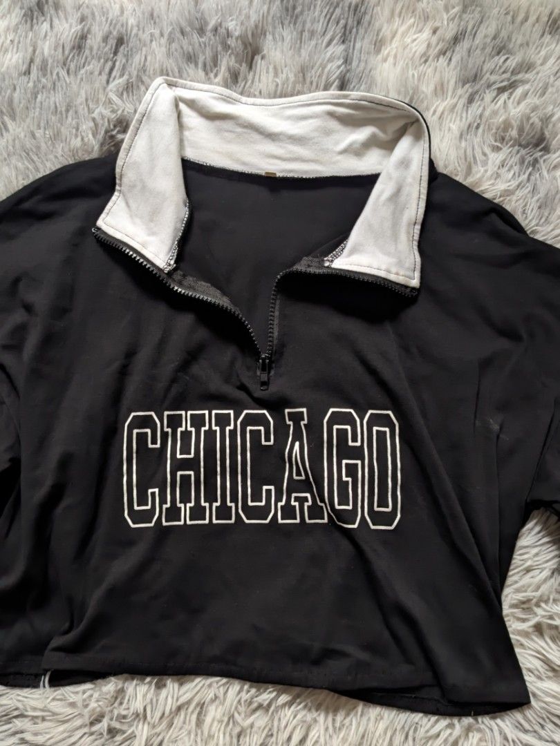 Chicago Crop Top (Category: Others Tops) located in Santa Rita. Submitted by elixiriaz (Listing ID 1420004706, Image 2). Description: - Black crop top - White collar - Zipper closure - "CHICAGO" lettering - Short sleeves - Cropped length - Lightweight fabric - fits best up to medium frame .