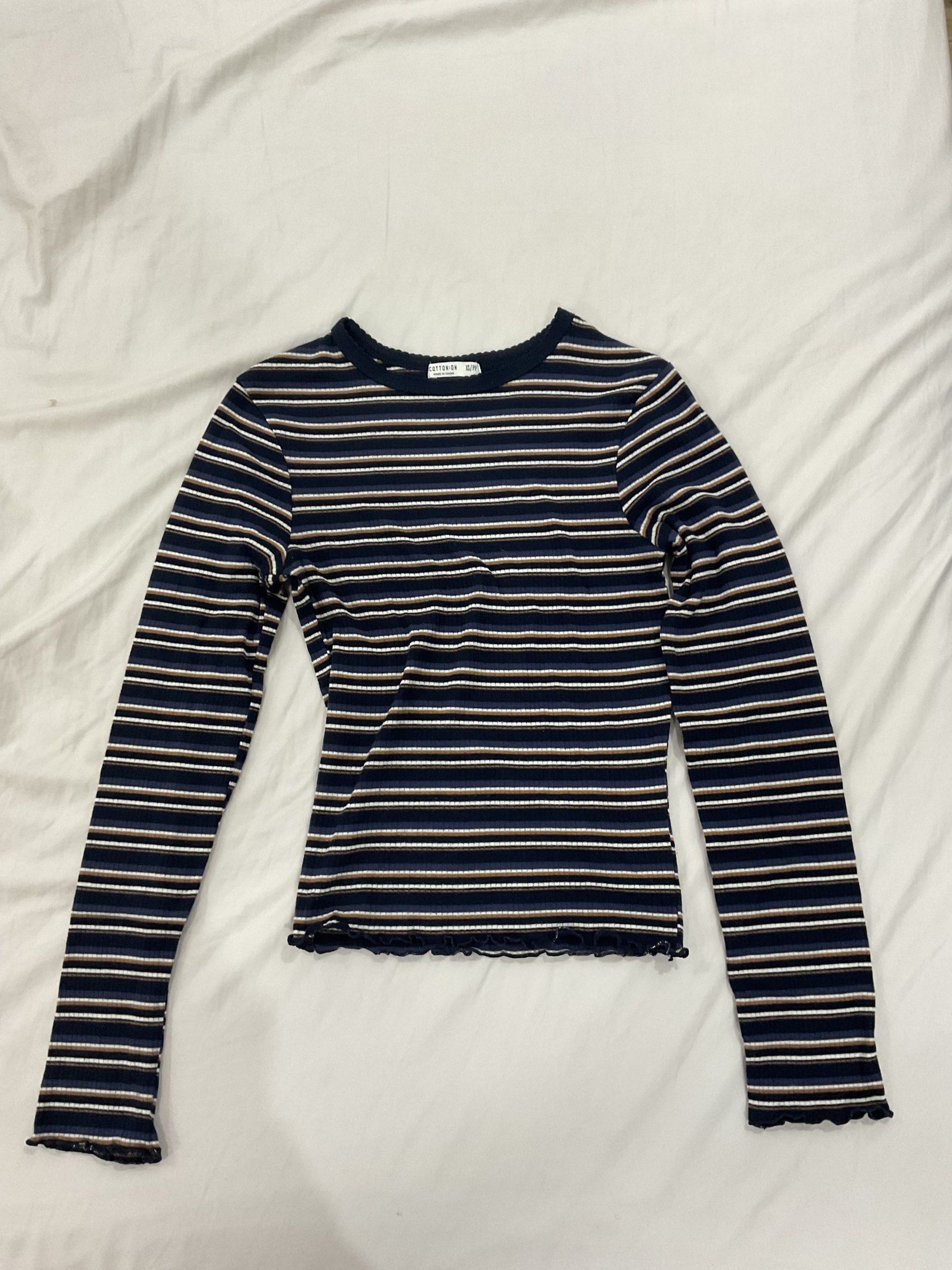Cotton On Striped T-shirts (Category: Shirts) located in Las Pinas. Submitted by bea.oh (Listing ID 1420083167, Image 3). Description: Cotton On striped t-shirts. Available in short and long sleeves. Short sleeve: mustard yellow with navy, white, and olive green stripes. Long sleeve: cream with red, navy, and olive green stripes; navy with white, brown, and olive green stripes. ₱99 each .